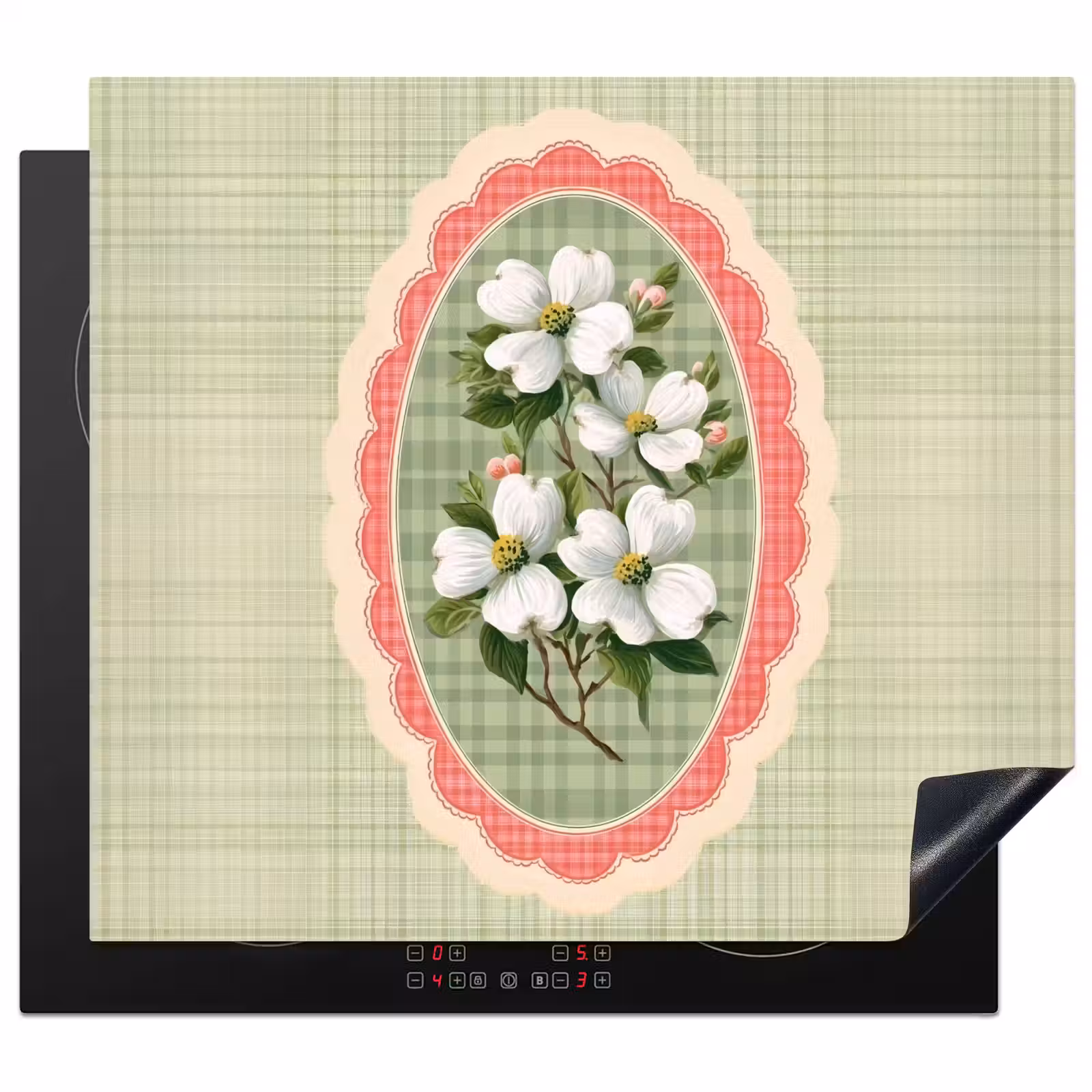 Bloemen - Illustratie - Geruit - Groen Inductie beschermer vinyl 3mm middel -3d