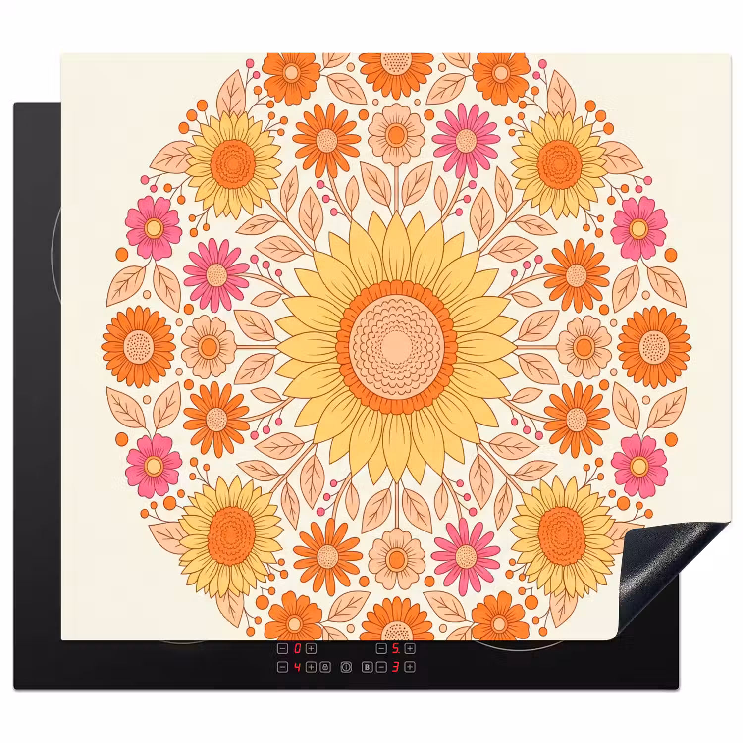 Bloemen - Mandala - Patroon - Kleurrijk Inductie beschermer vinyl 3mm middel -3d