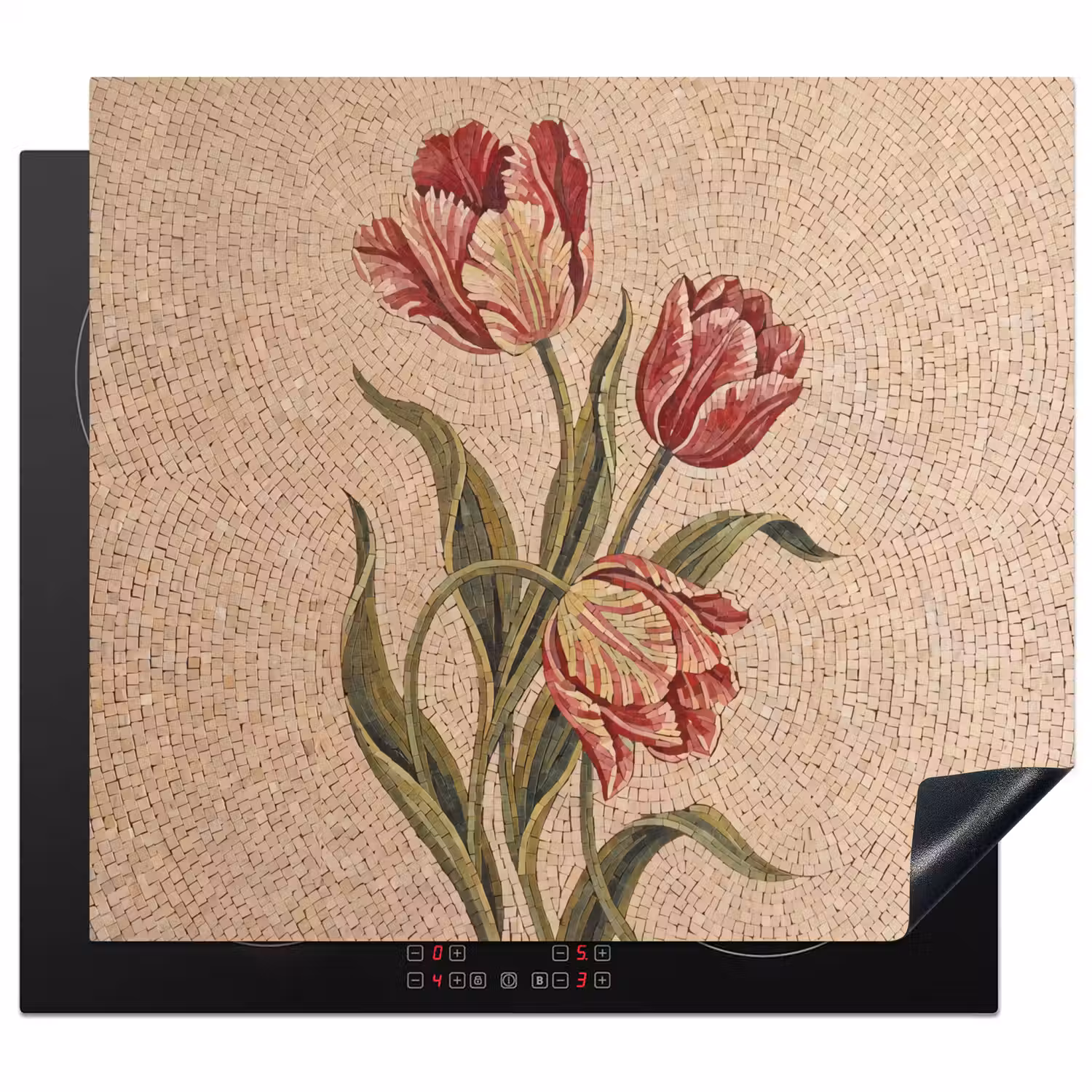Bloemen - Mozaïek - Rood - Groen - Kunst Inductie beschermer vinyl 3mm middel -3d