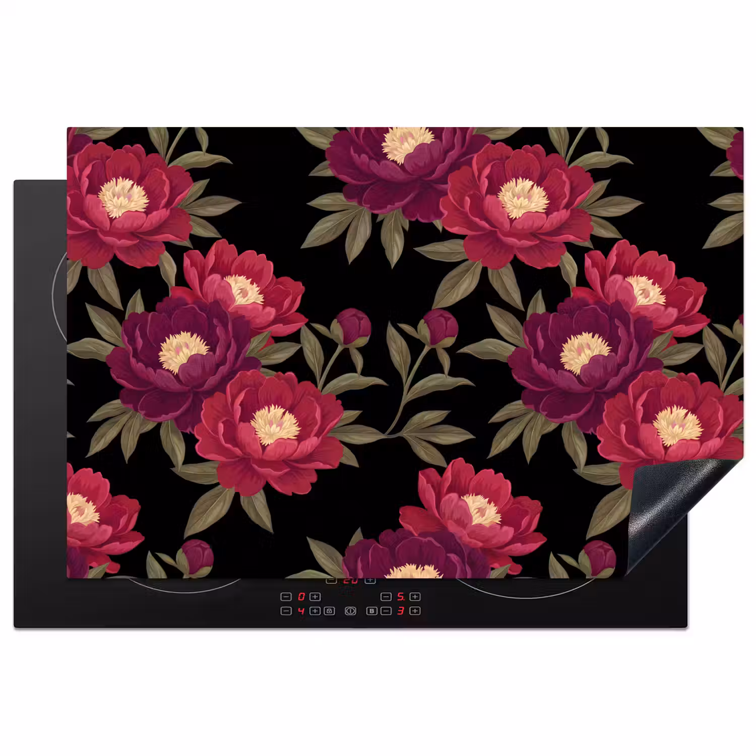 Bloemen - Patroon - Botanisch - Rood - Zwart Inductie beschermer vinyl 3mm klein -3d