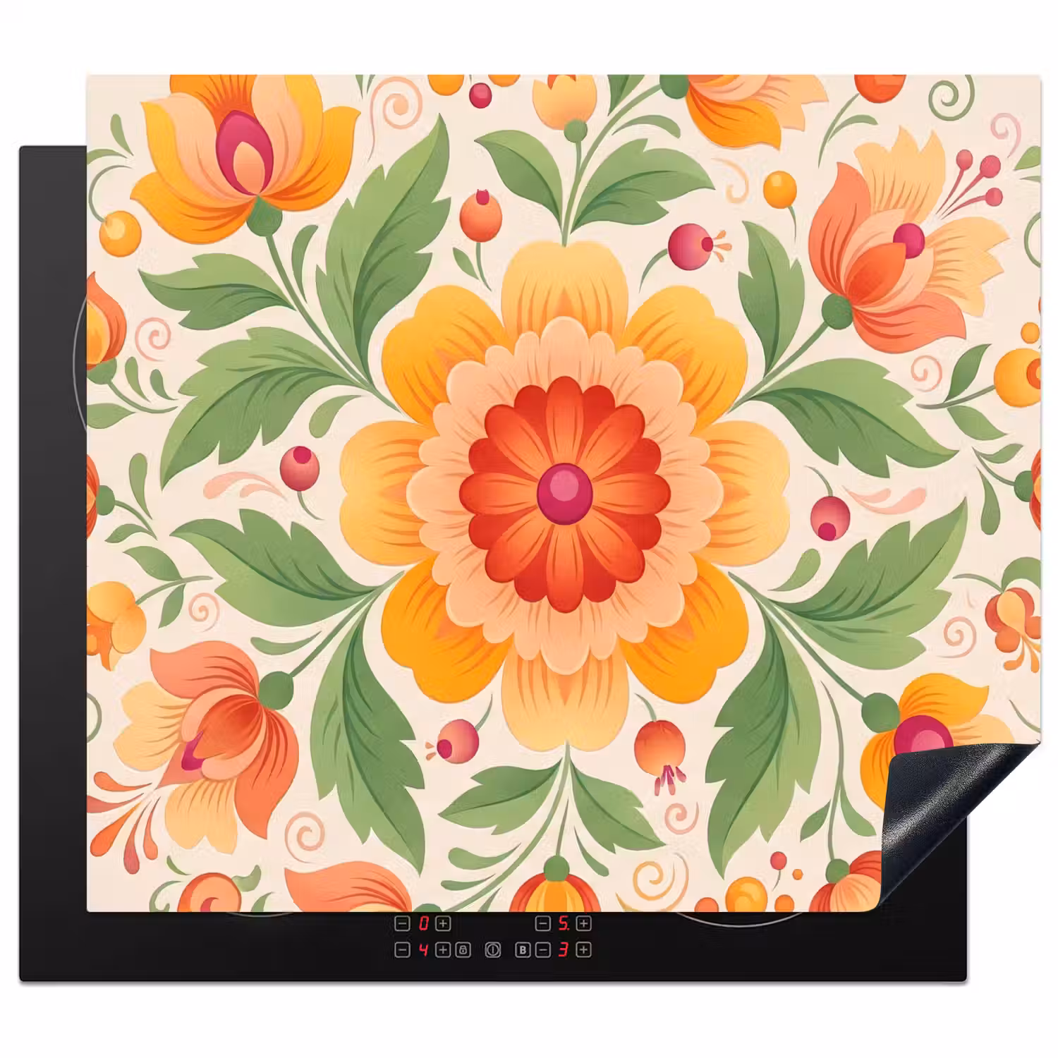 Bloemen - Patroon - Decoratief - Oranje Inductie beschermer vinyl 3mm middel -3d