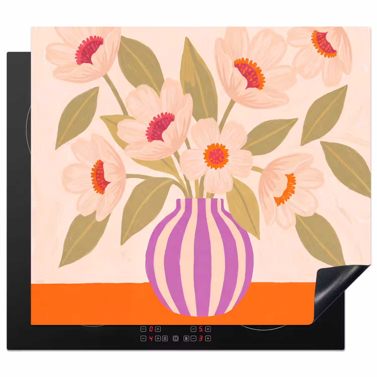 Bloemen - Vaas - Abstract - Paars - Oranje Inductie beschermer vinyl 3mm middel -3d