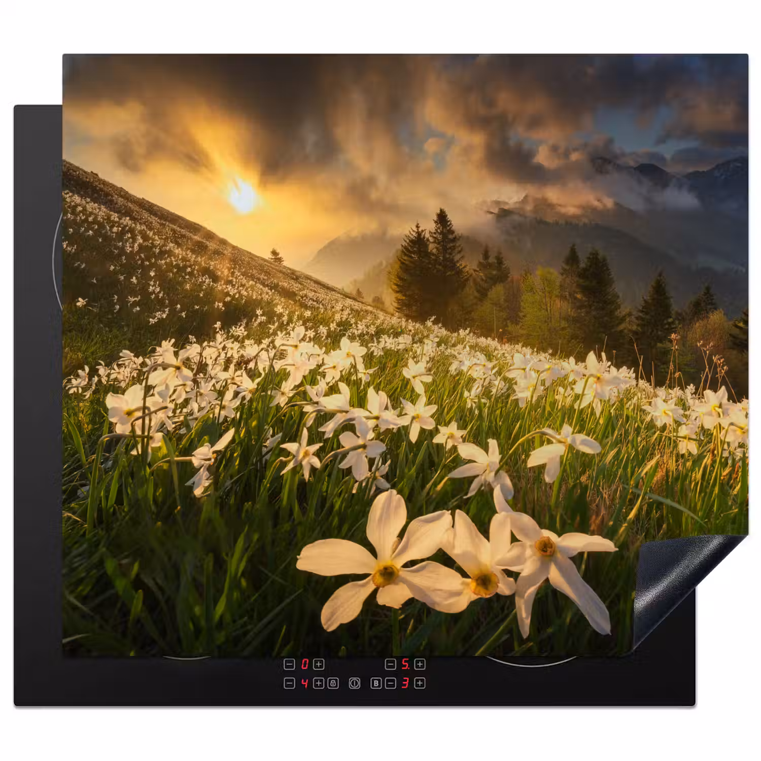 Bloemenveld - Heuvels - Zonsondergang - Berg - Natuur - Wit - Heuvels Inductie beschermer vinyl 3mm middel -3d