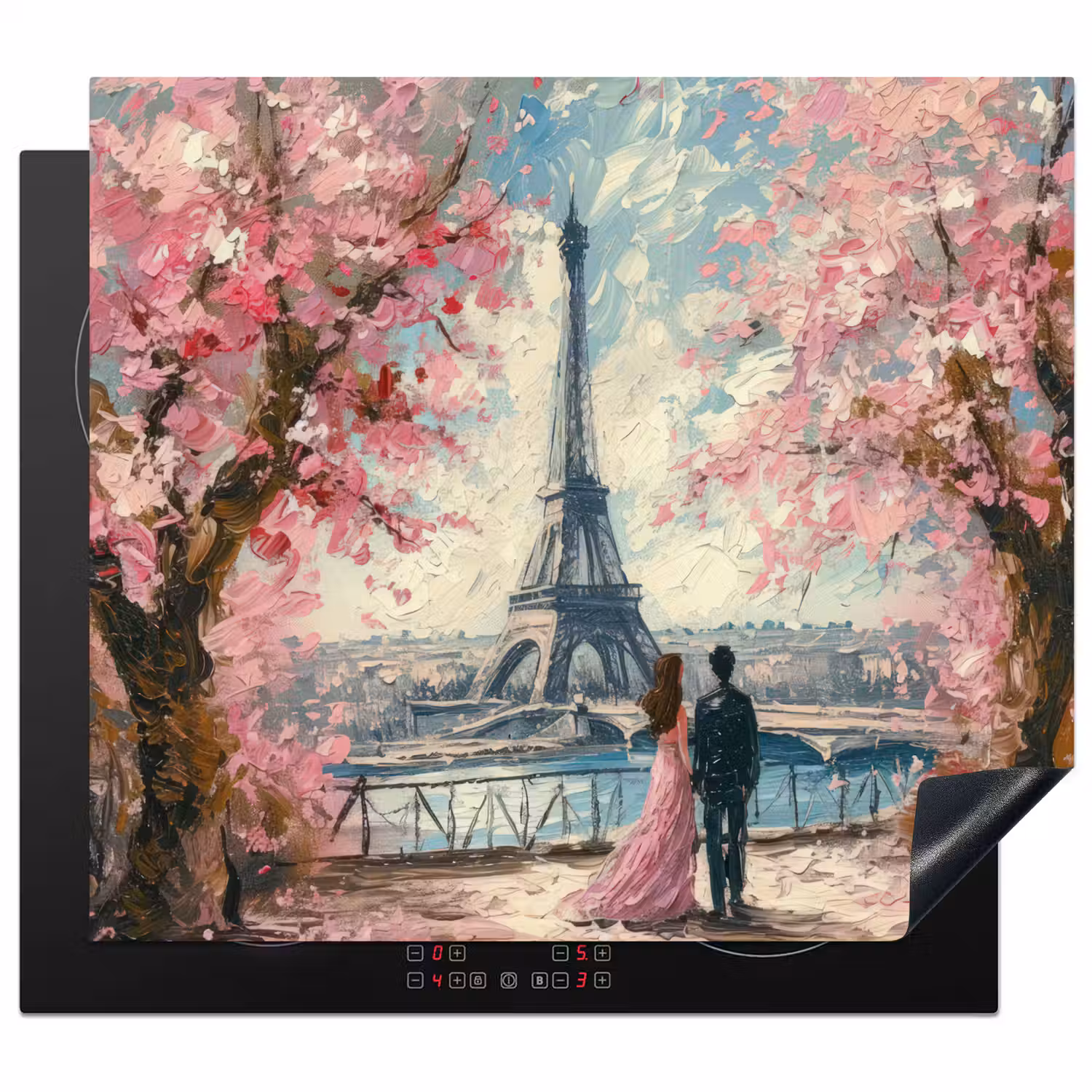 Eiffeltoren - Koppel - Roze - Romantisch - Bomen - Parijs Inductie beschermer vinyl 3mm middel -3d
