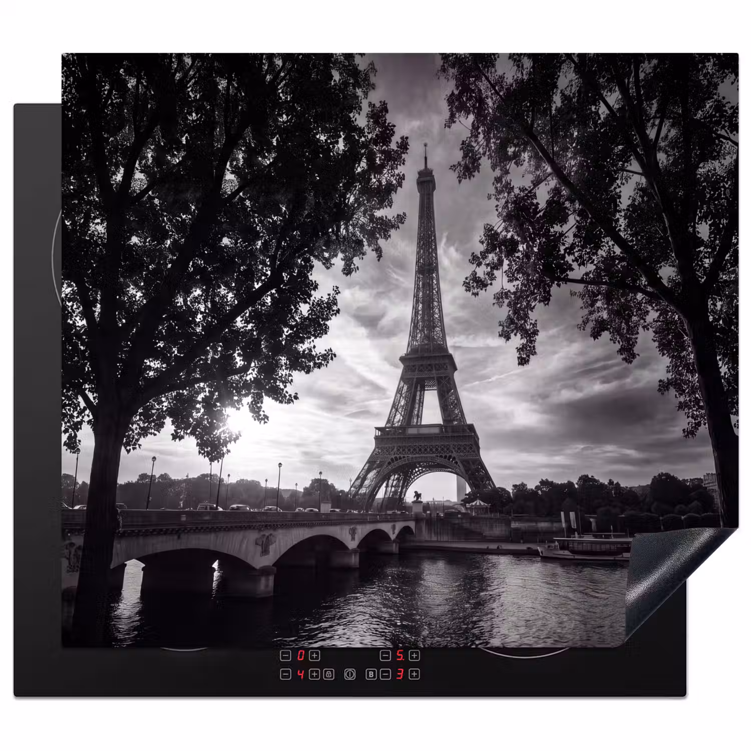 Eiffeltoren - Parijs - Rivier - Architectuur - Zwart-wit Inductie beschermer vinyl 3mm middel -3d