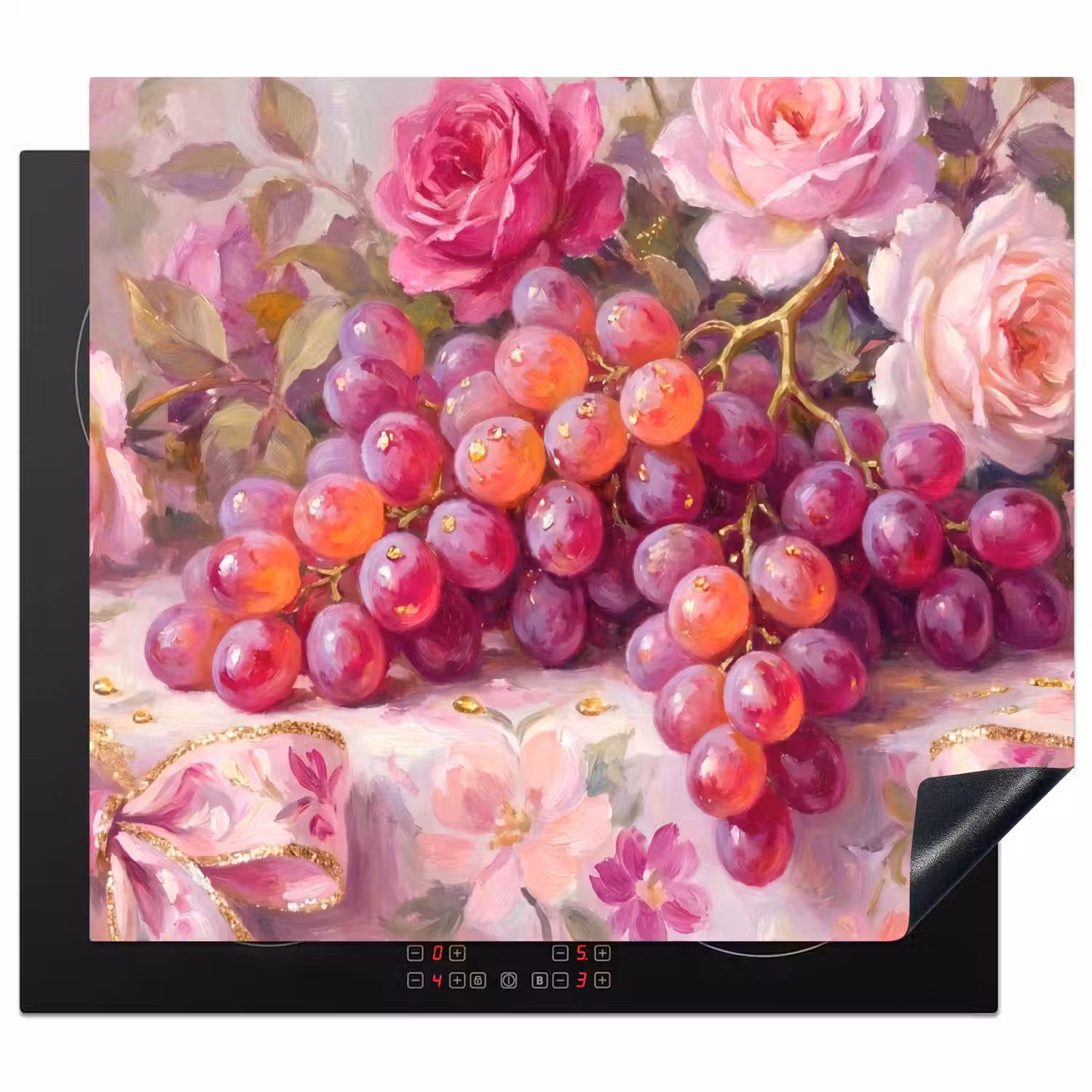 Eten - Bloemen - Stilleven - Roze - Goud Inductie beschermer vinyl 3mm middel -3d