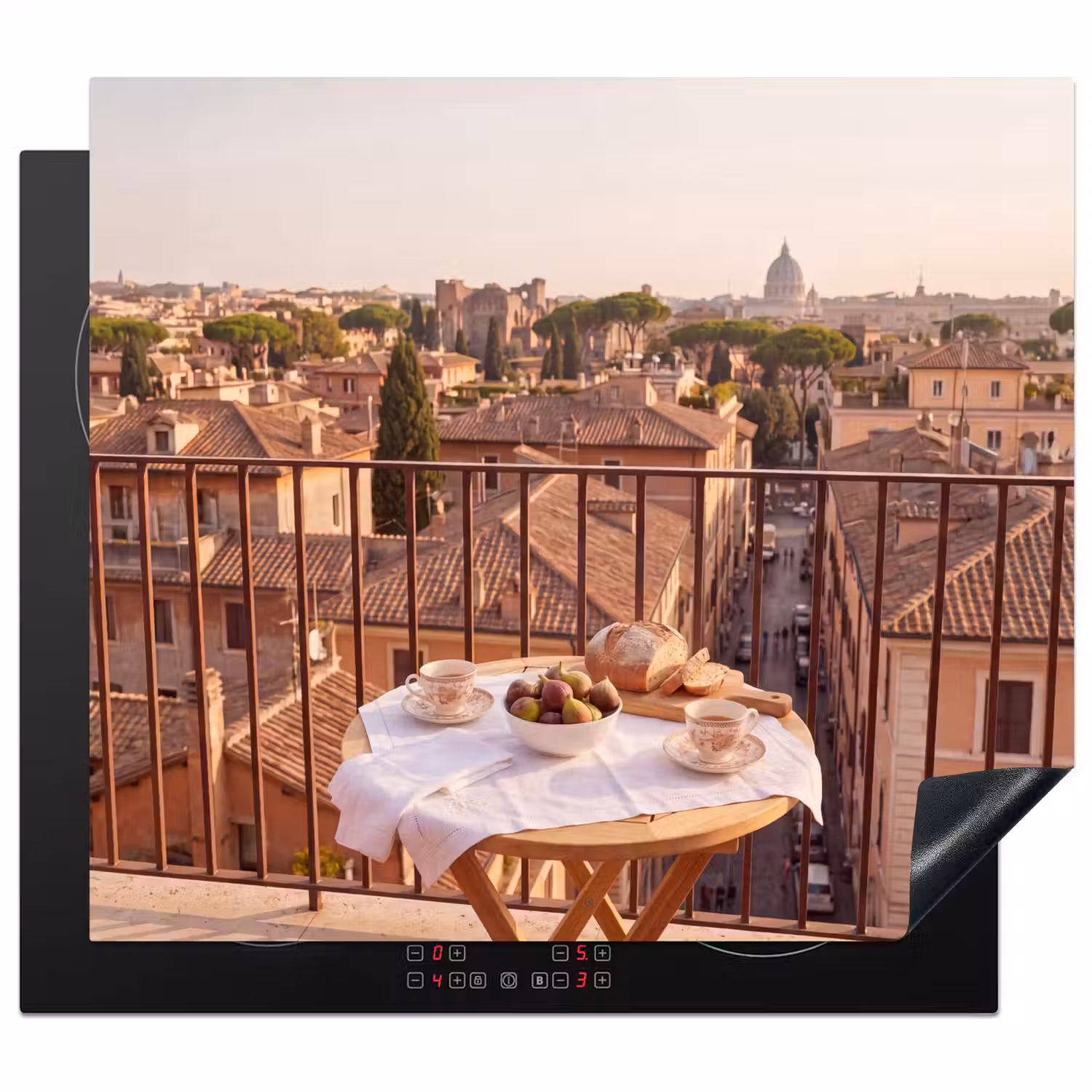 Eten - Ontbijt - Balkon - Stad - Zonsopgang Inductie beschermer vinyl 3mm middel -3d