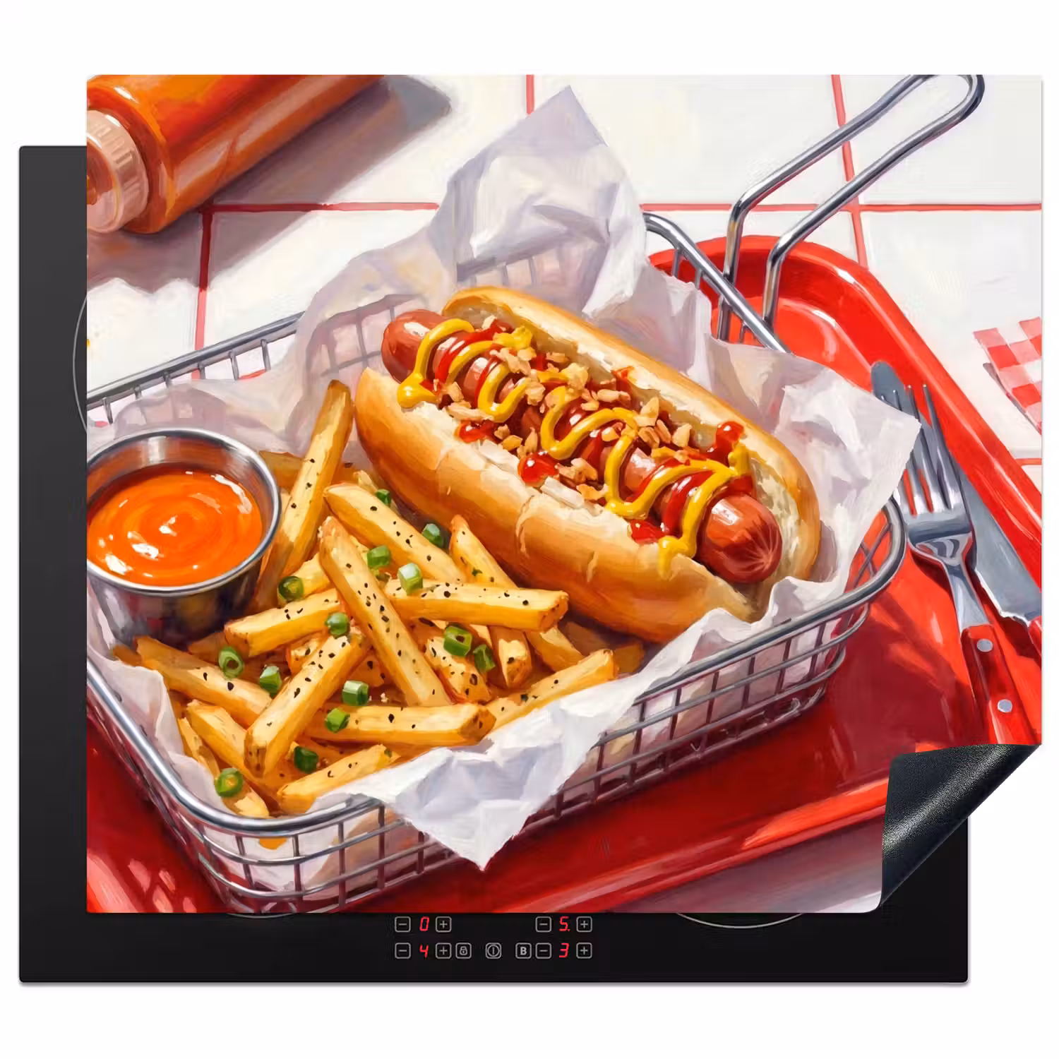 Eten - Hotdog - Fastfood - Modern - Rood Inductie beschermer vinyl 3mm middel -3d
