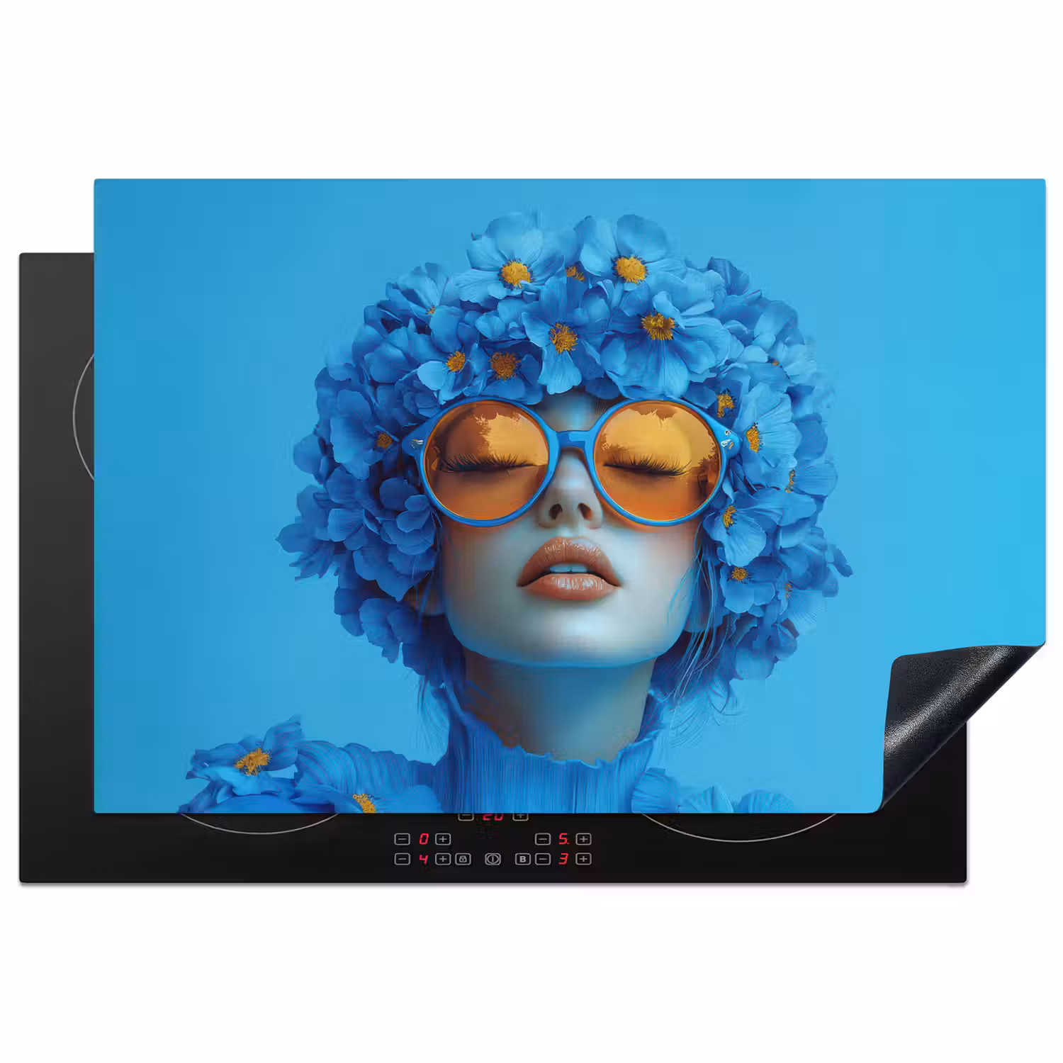 Vrouw - Bloem - Blauw - Modern - Bril - Portret Inductie beschermer vinyl 3mm klein -3d