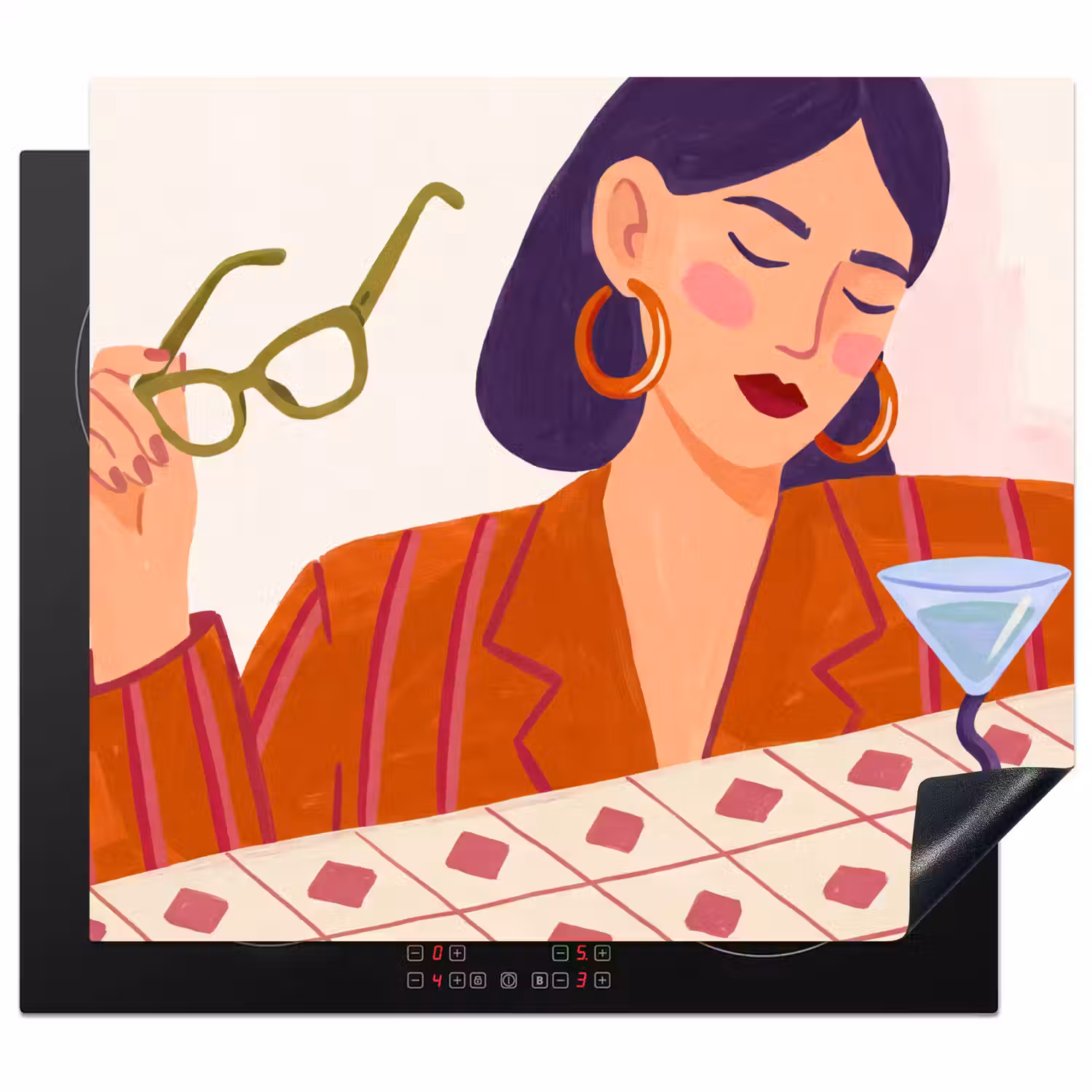 Vrouw - Bril - Cocktail - Illustratie - Modern Inductie beschermer vinyl 3mm middel -3d