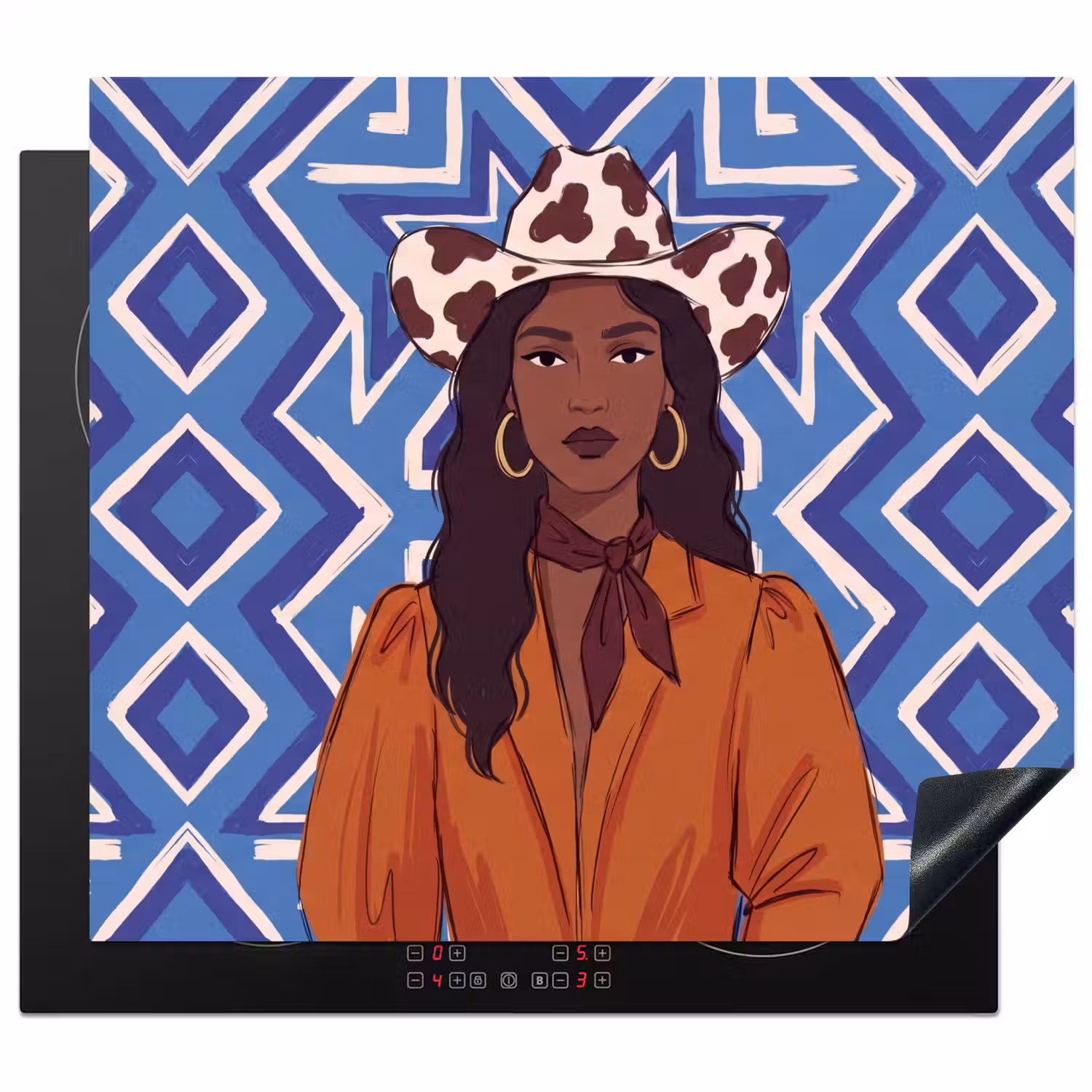 Vrouw - Cowboyhoed - Portret - Modern - Blauw Inductie beschermer vinyl 3mm middel -3d