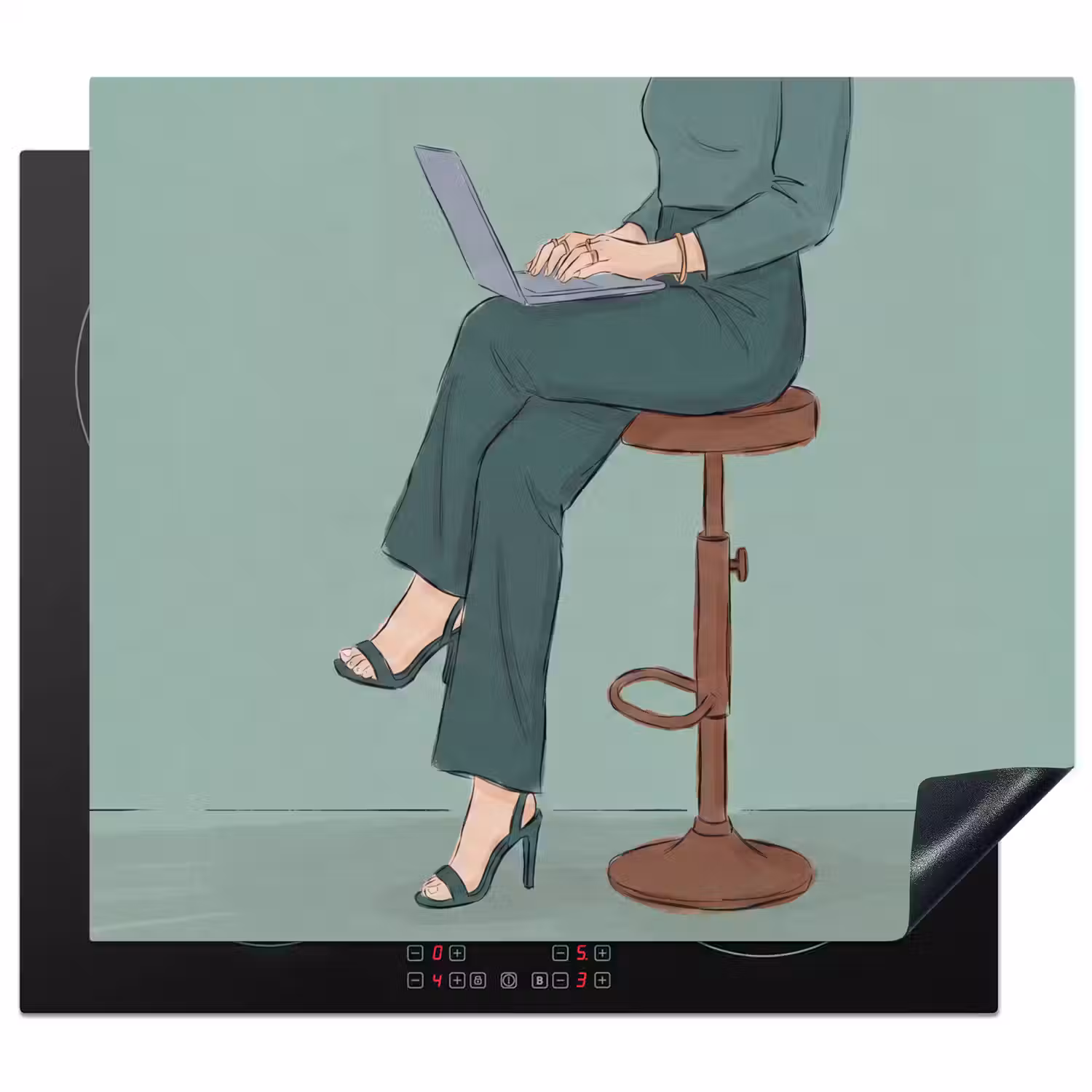 Vrouw - Laptop - Zittend - Illustratie - Groen Inductie beschermer vinyl 3mm middel -3d