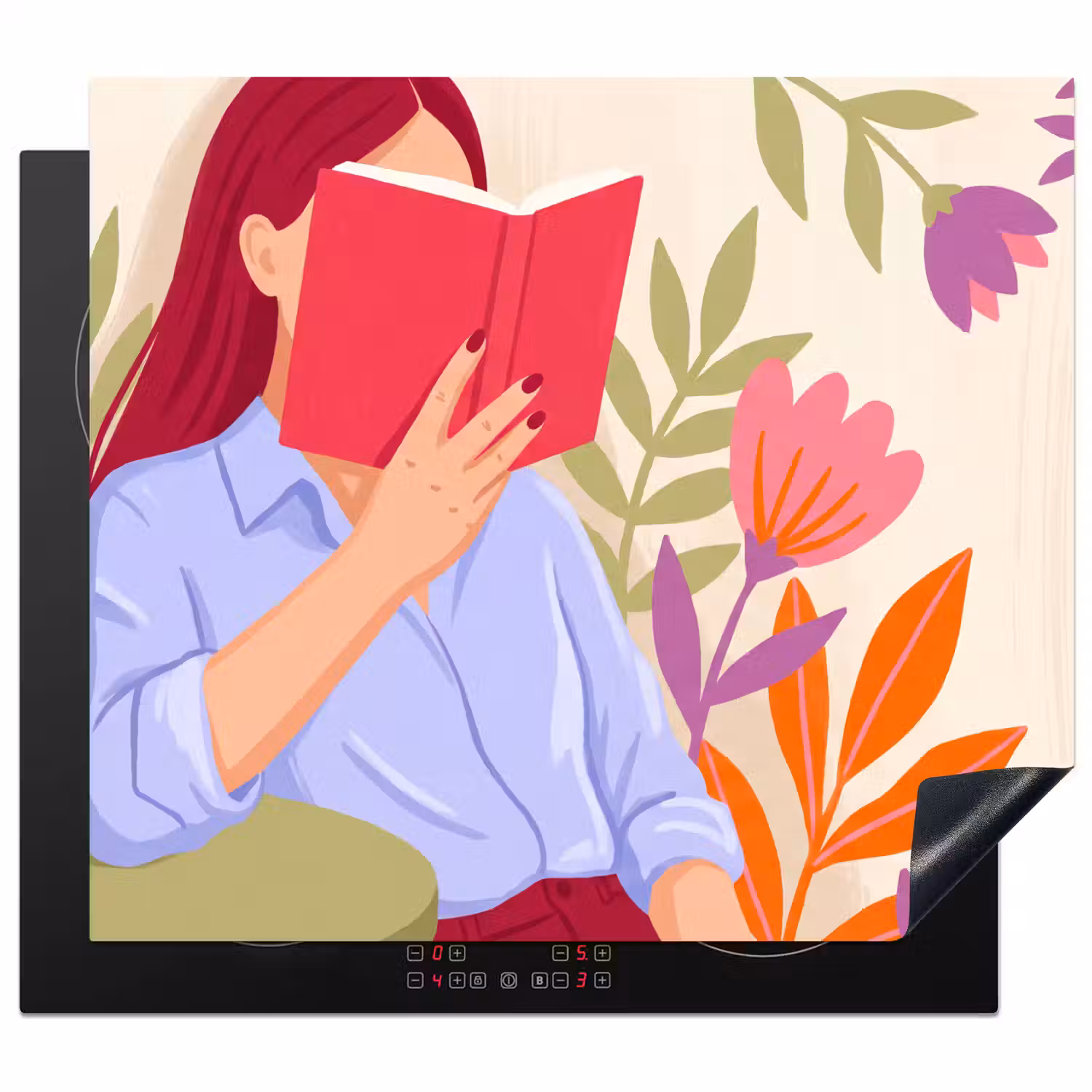 Vrouw - Lezen - Thuis - Modern - Bloemen Inductie beschermer vinyl 3mm middel -3d