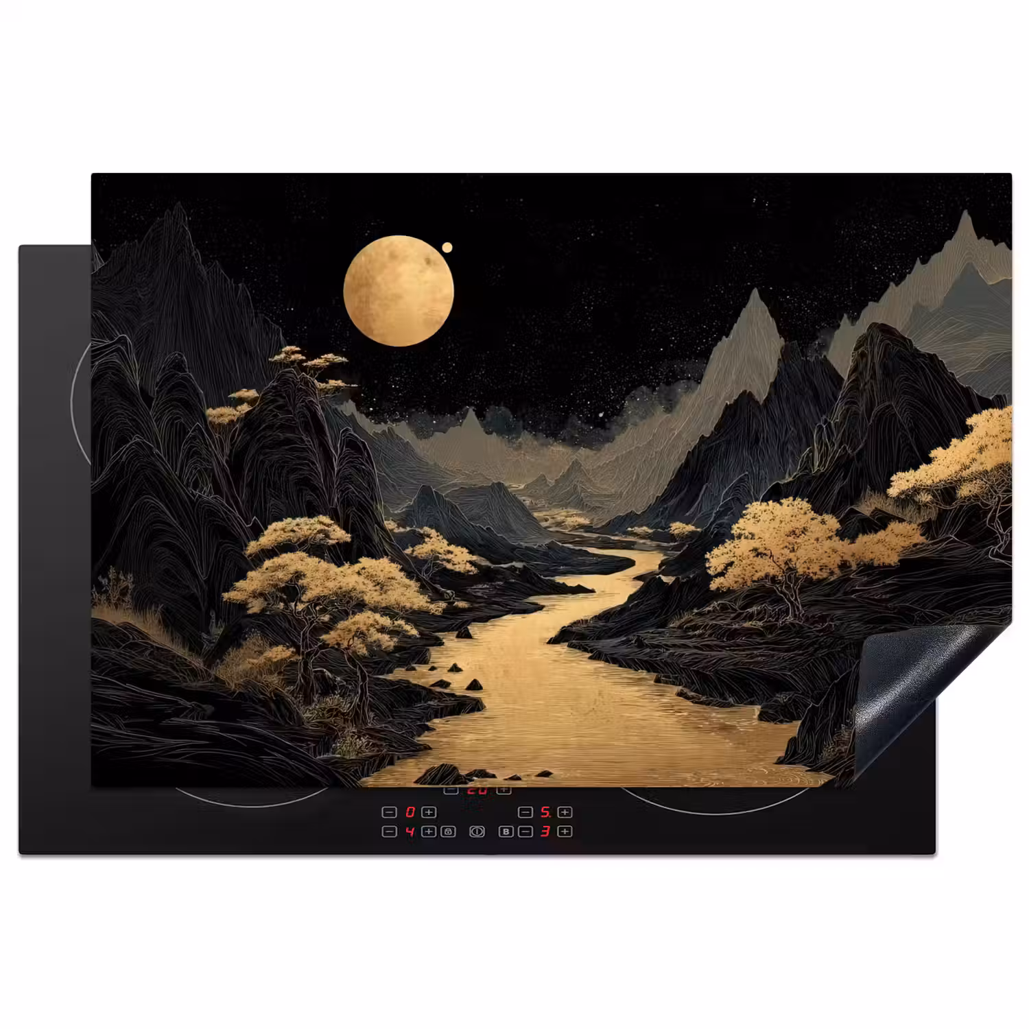 Gouden rivier - Bergen - Maan - Sterrenhemel Inductie beschermer vinyl 3mm klein -3d