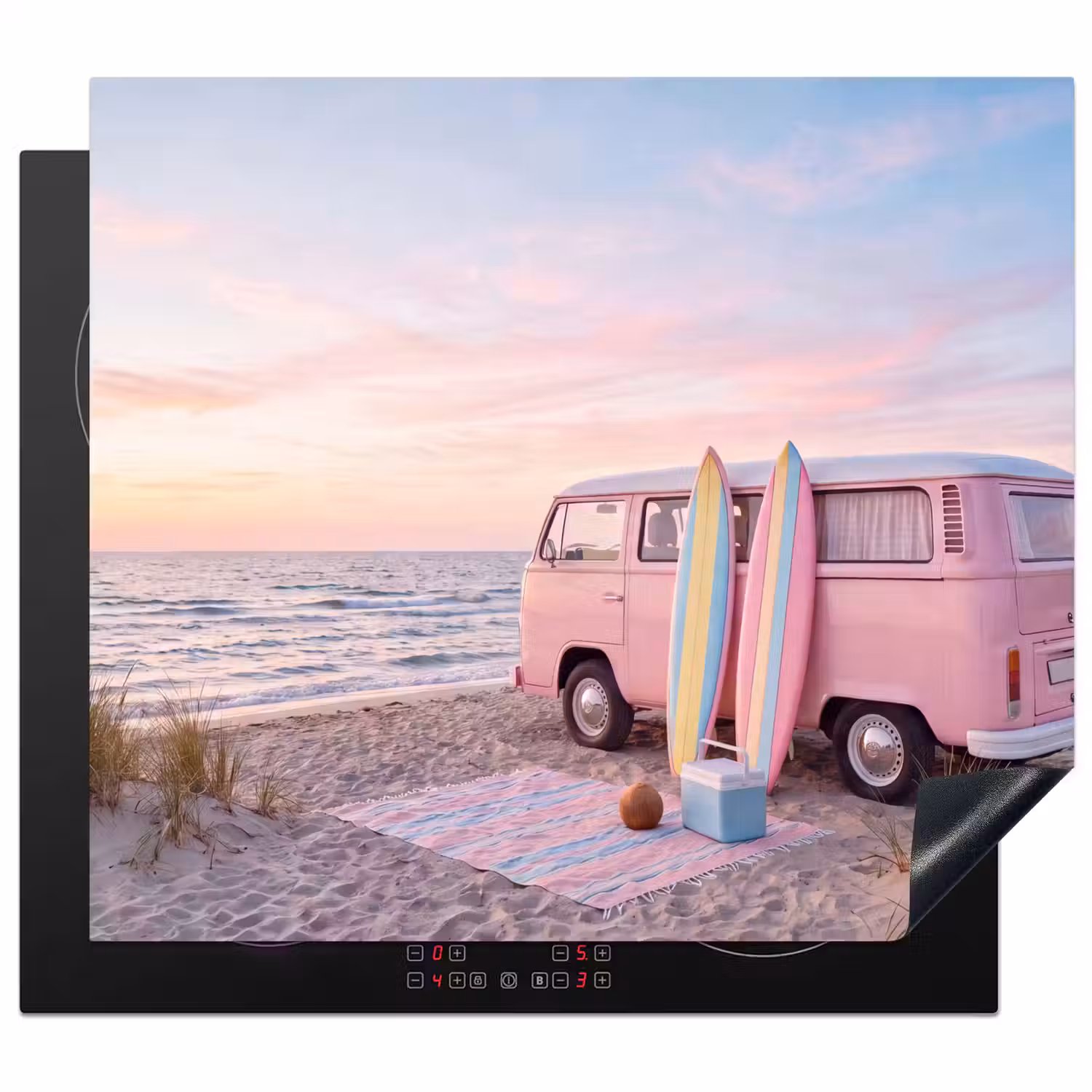 Busje - Strand - Surfplank - Zomer - Roze Inductie beschermer vinyl 3mm middel -3d