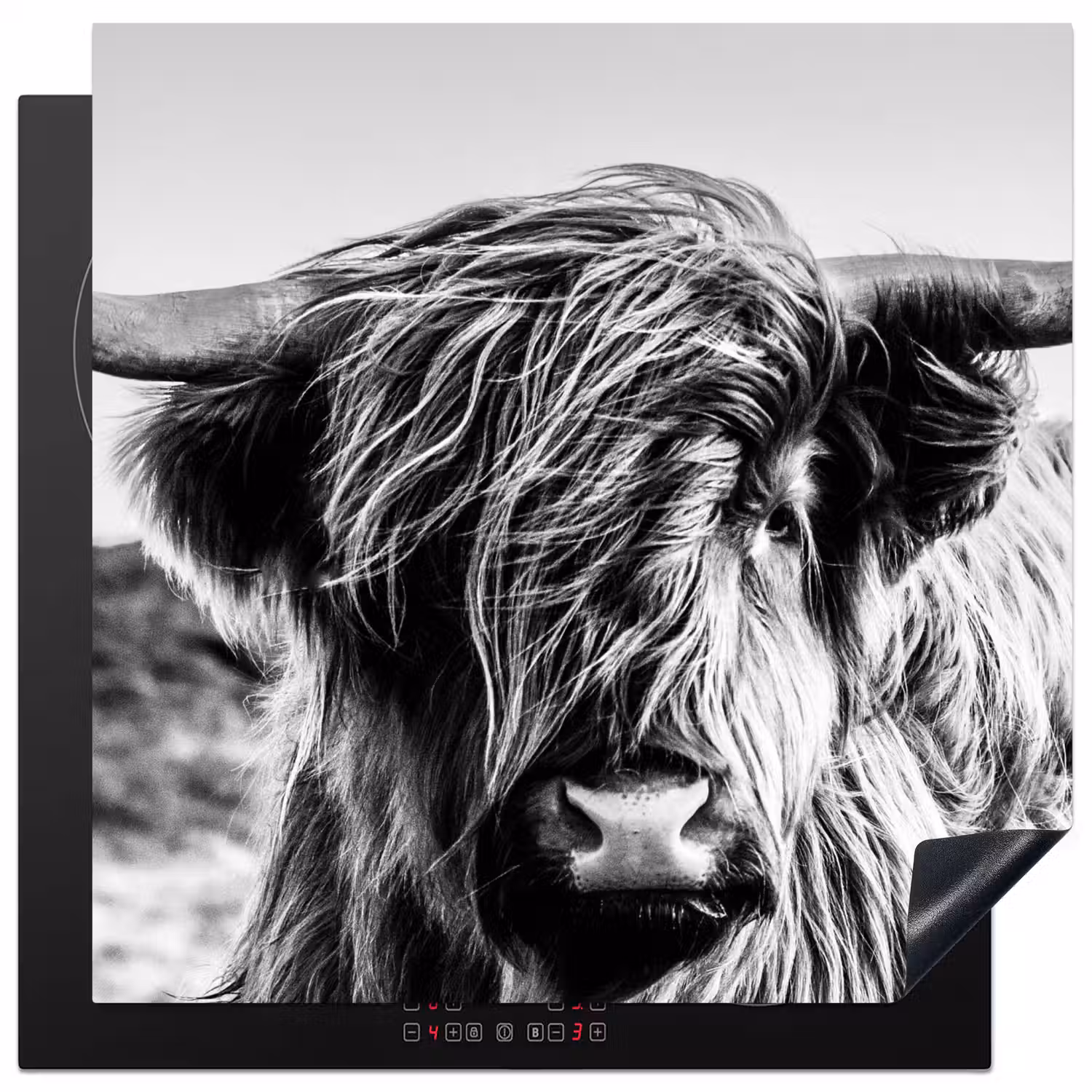 Koe - Schotse hooglander - Zwart - Wit - Dier - Natuur - Wild Inductie beschermer vinyl 3mm middel -3d