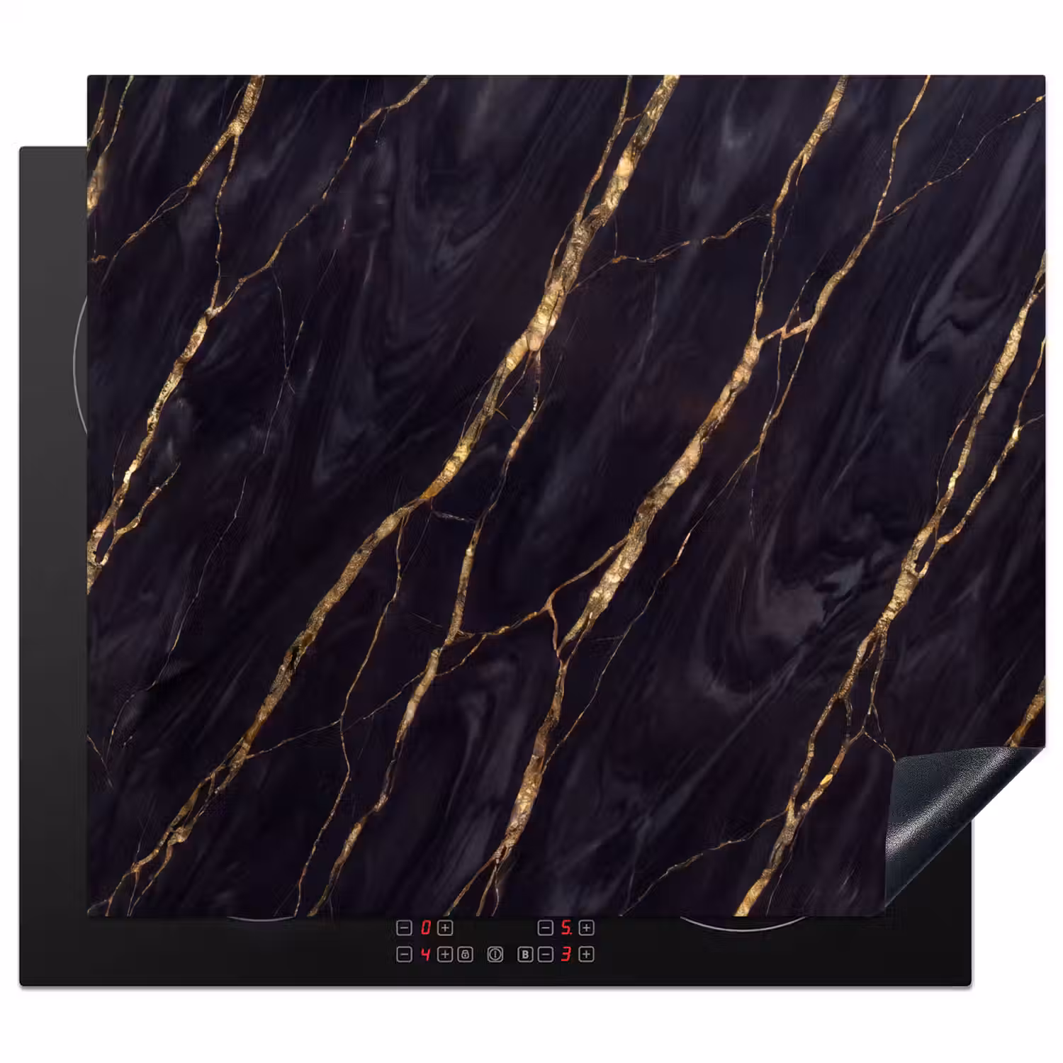 Marmer - Gouden aders - Abstract - Zwart Inductie beschermer vinyl 3mm middel -3d