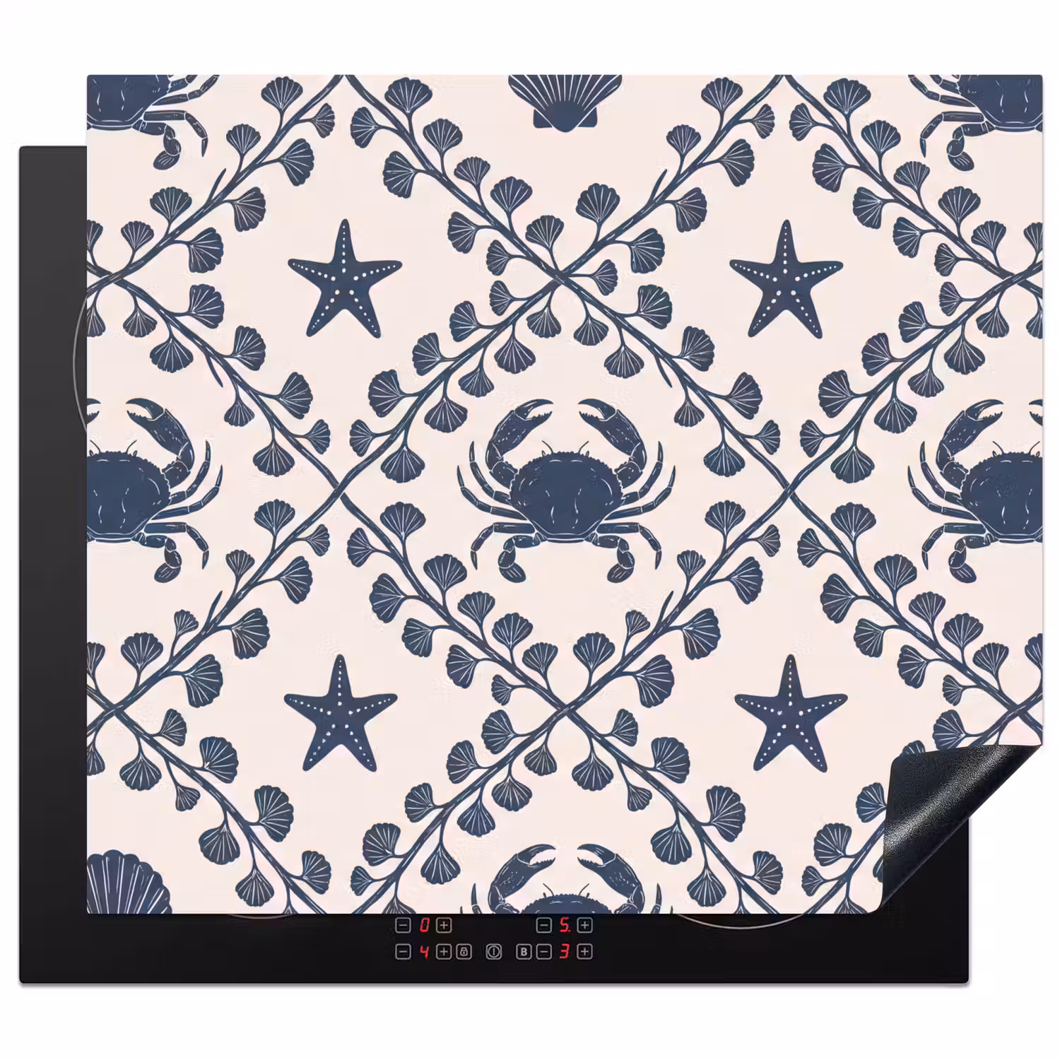 Zee - Krab - Zeester - Patroon - Blauw Inductie beschermer vinyl 3mm middel -3d