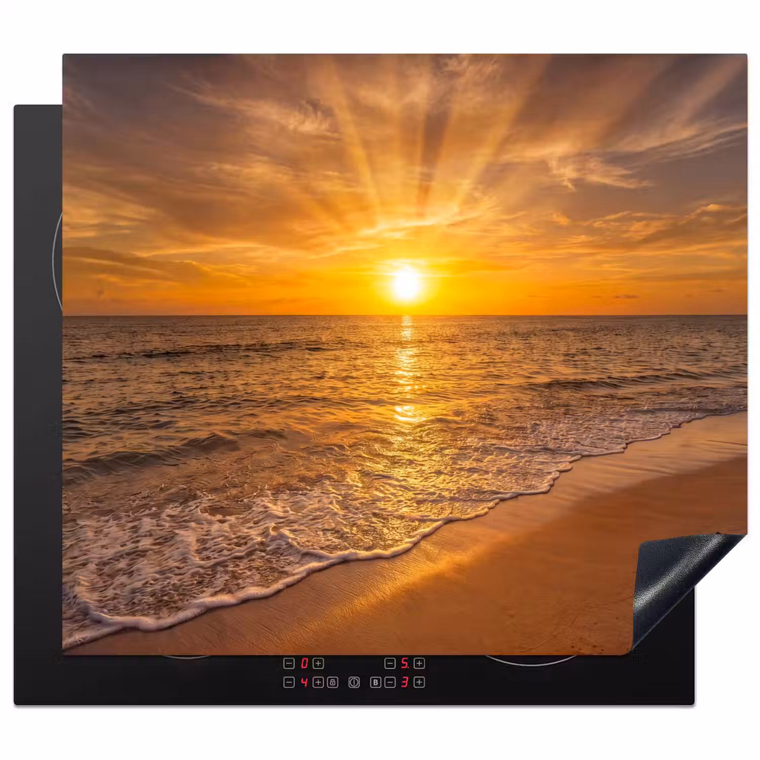 Zee - Zonsondergang - Golven - Kust - Oranje Inductie beschermer vinyl 3mm middel -3d