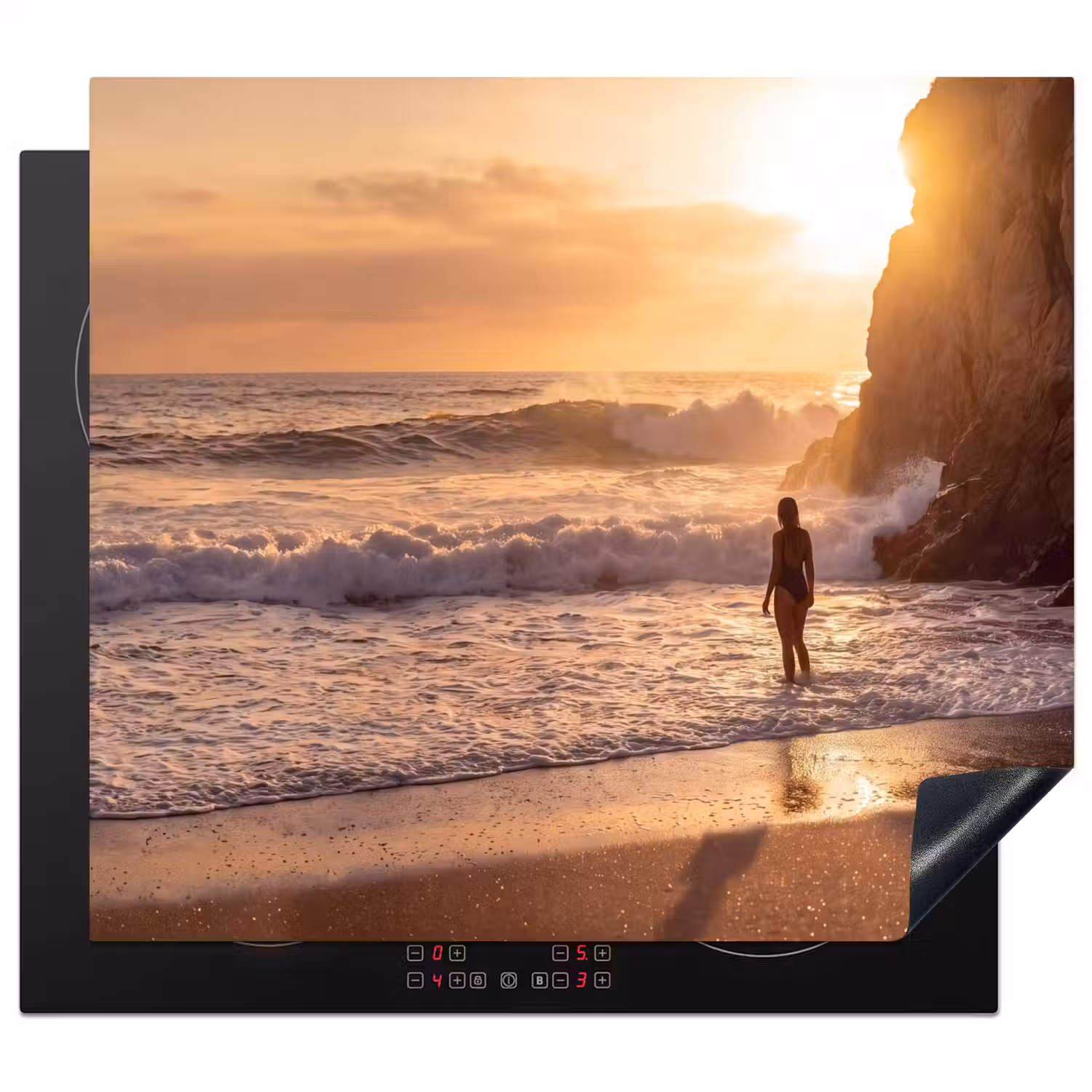 Mensen - Oceaan - Zonsondergang - Kust - Goud Inductie beschermer vinyl 3mm middel -3d