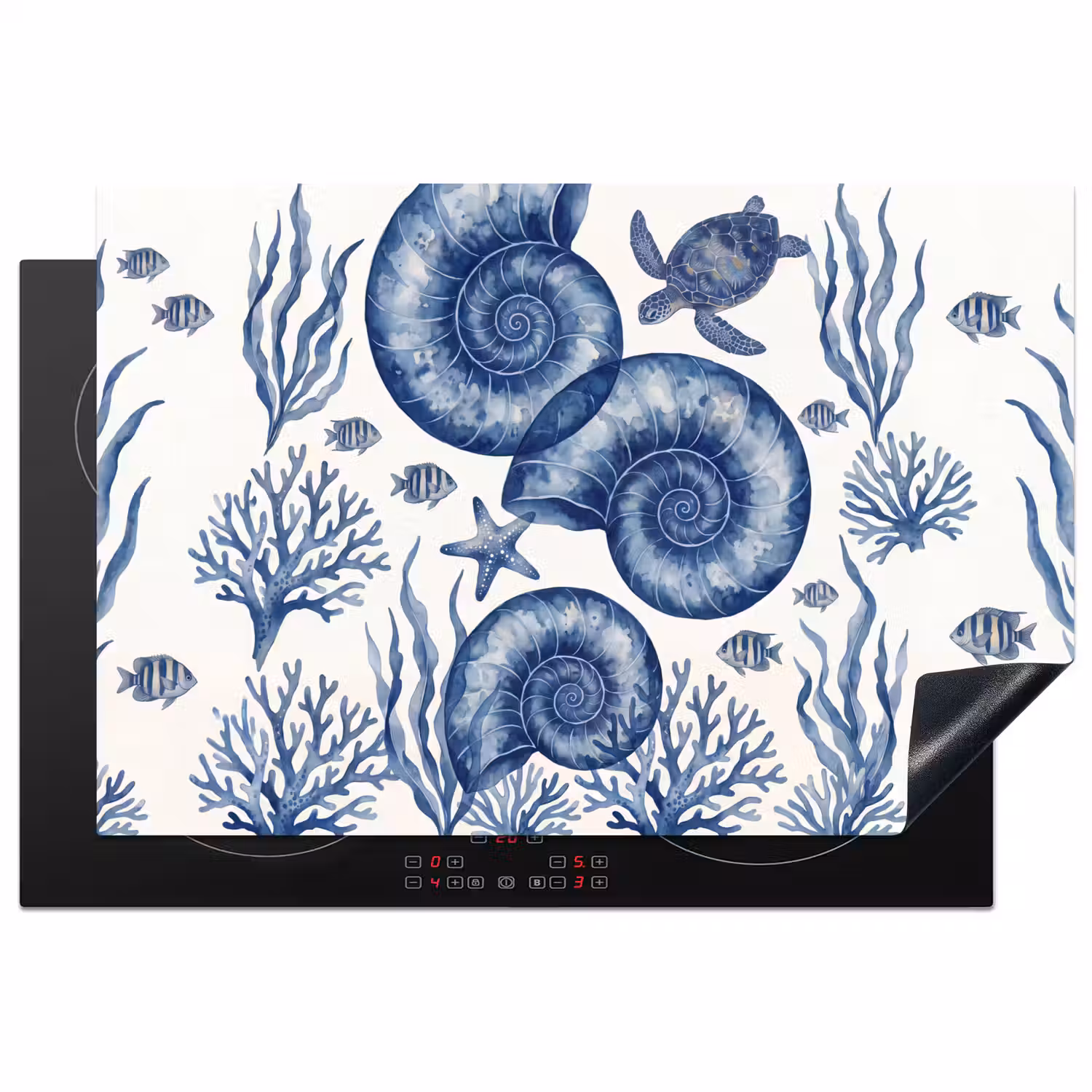 Schelp - Spiraal - Zeeleven - Aquarel - Blauw Inductie beschermer vinyl 3mm klein -3d
