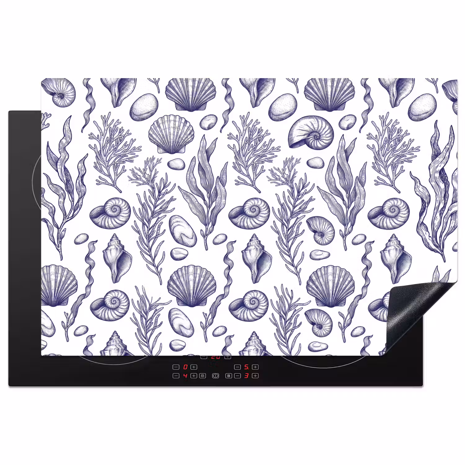 Schelpen - Zeewier - Oceaan - Illustratie - Blauw Inductie beschermer vinyl 3mm klein -3d