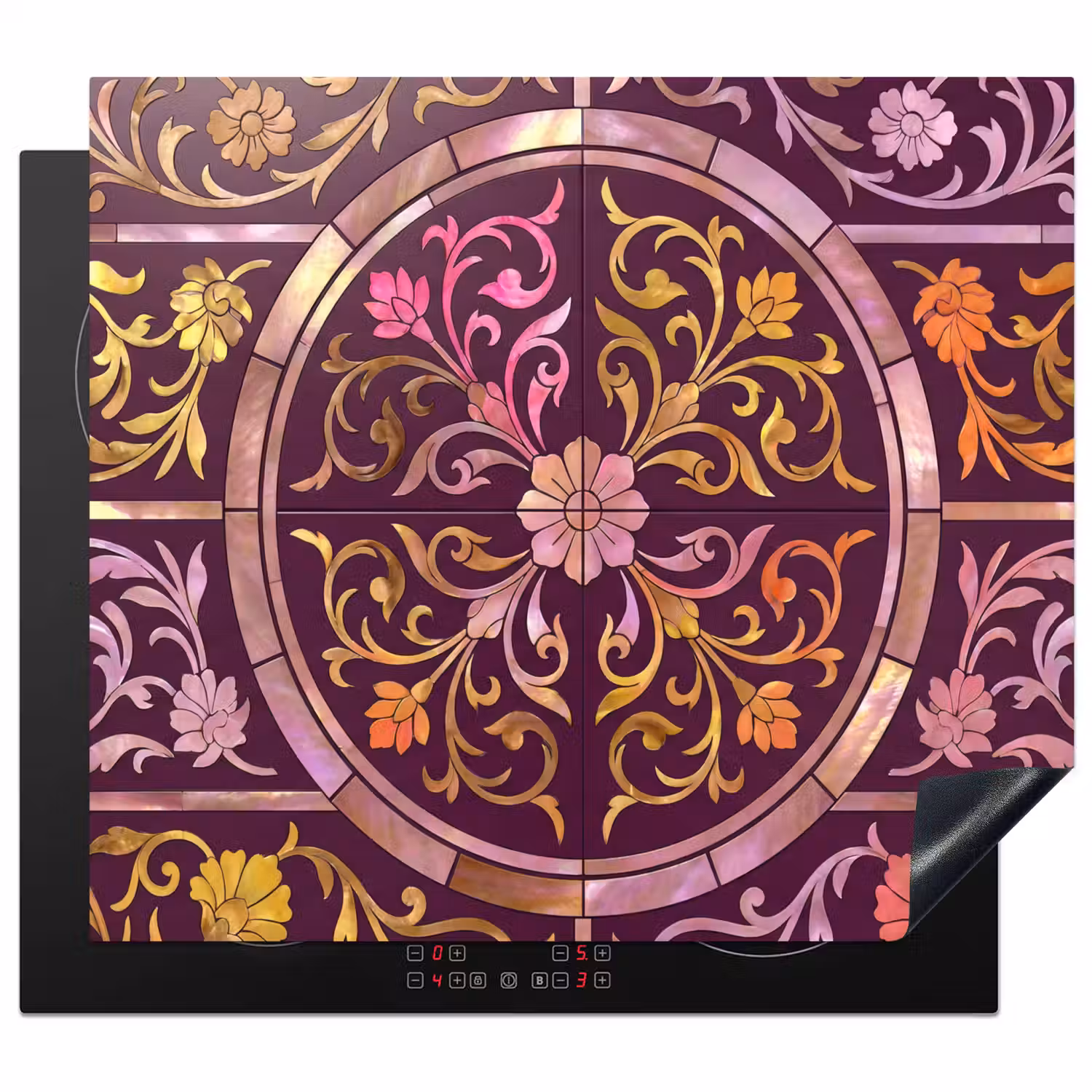 Patroon - Floraal - Oosters - Paars - Goud Inductie beschermer vinyl 3mm middel -3d