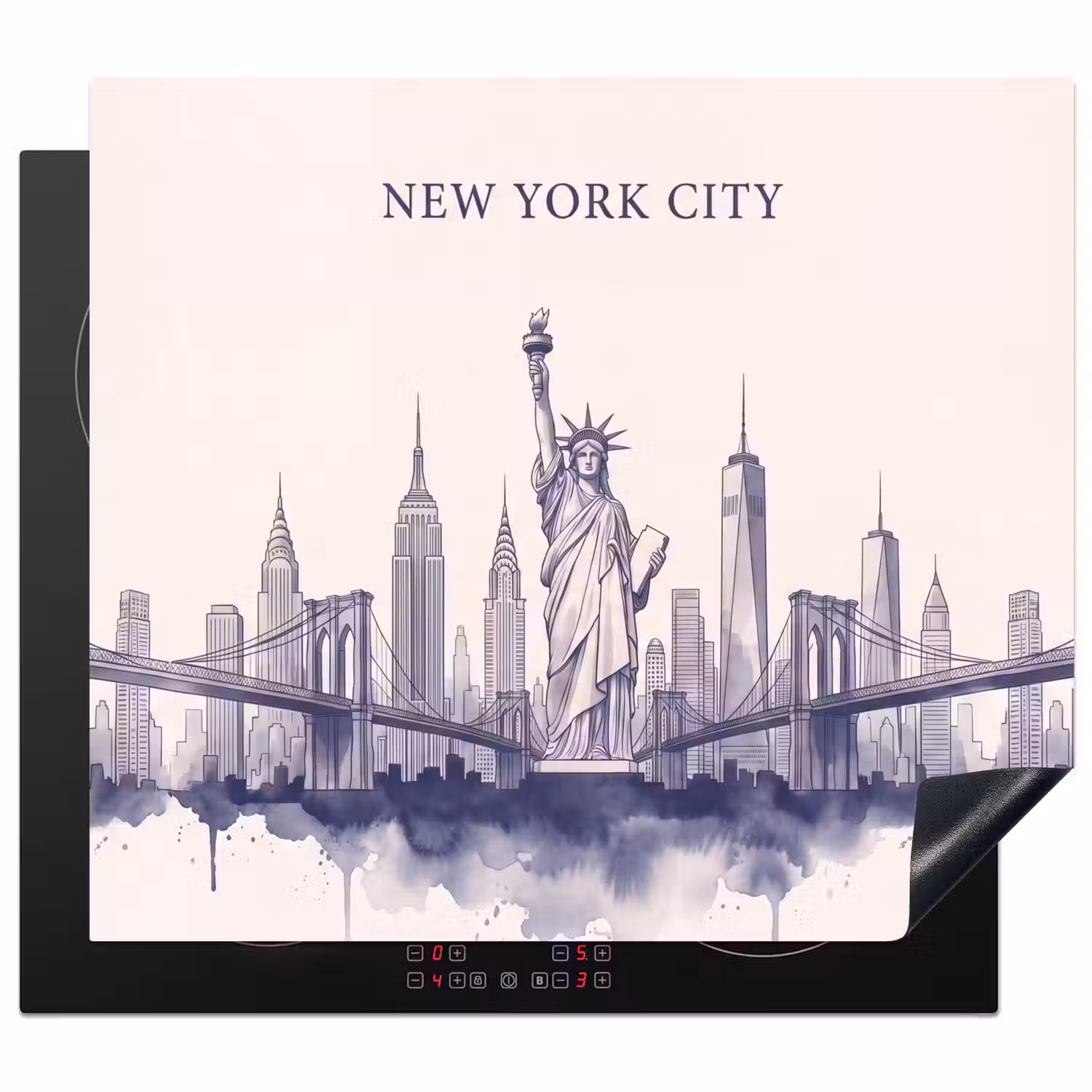 New York - Vrijheidsbeeld - Skyline - Illustratie - Blauw Inductie beschermer vinyl 3mm middel -3d