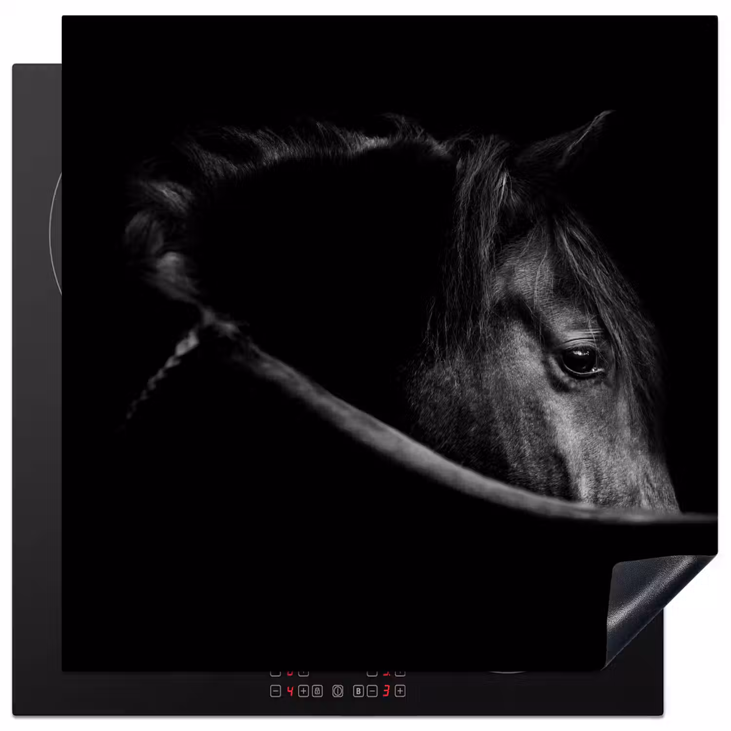 Paarden - Portret - Zwart - Dieren Inductie beschermer vinyl 3mm middel -3d