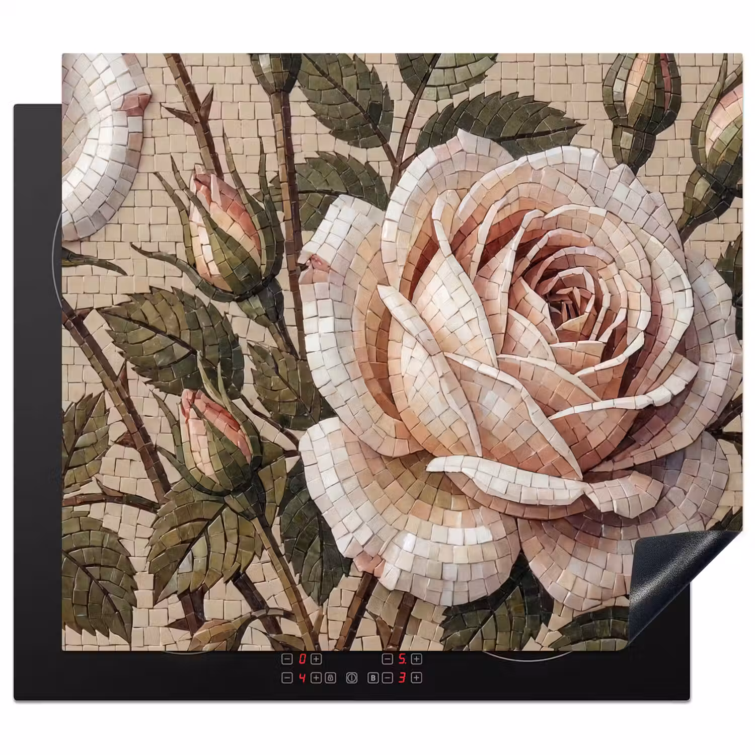 Roos - Mozaïek - Bloemen - Klassiek - Beige Inductie beschermer vinyl 3mm middel -3d