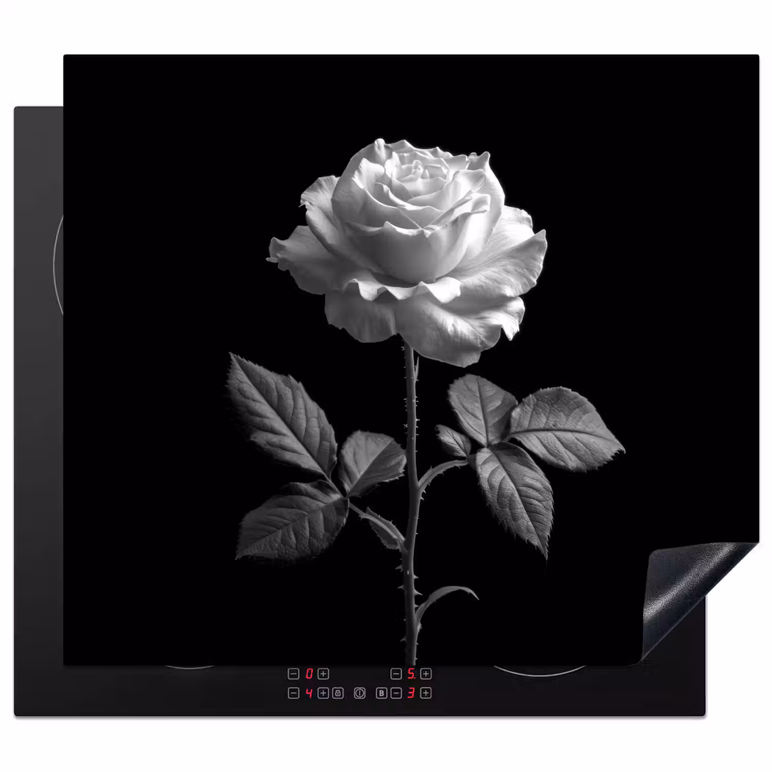 Roos - Zwart-wit - Bloem Inductie beschermer vinyl 3mm middel -3d