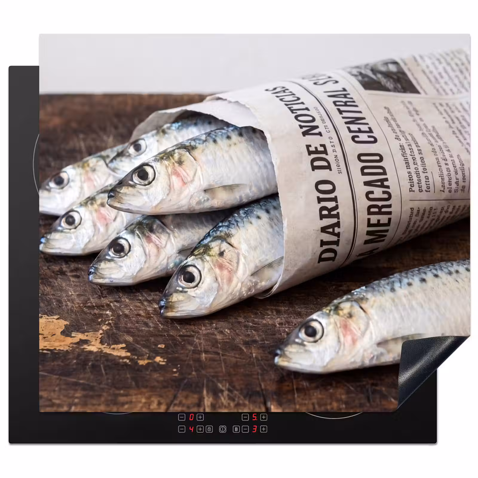 Herdabdeckplatte - Sardine – Zeitung – Schneidebrett - Sardientje - krant - snijplank Inductie beschermer vinyl 3mm middel