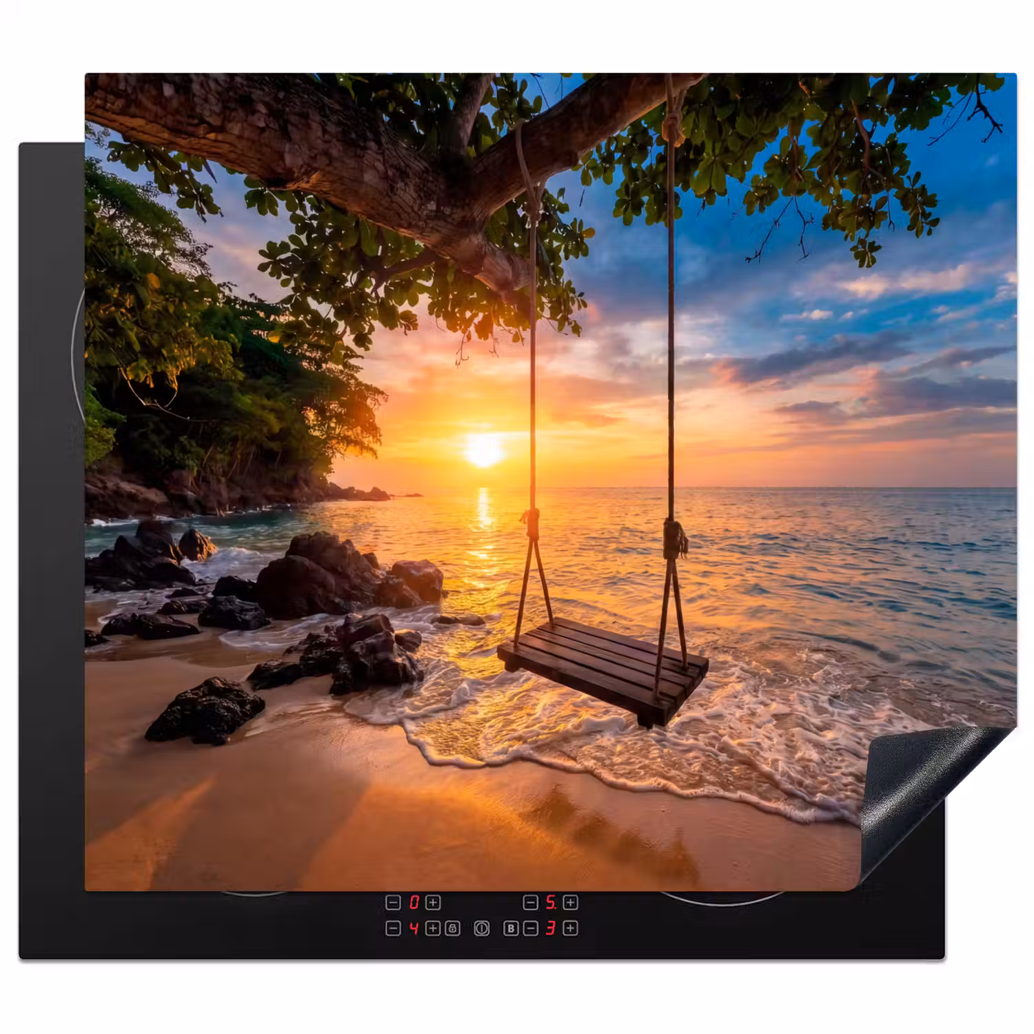 Schommel - Strand - Zonsondergang - Natuur - Oranje Inductie beschermer vinyl 3mm middel -3d