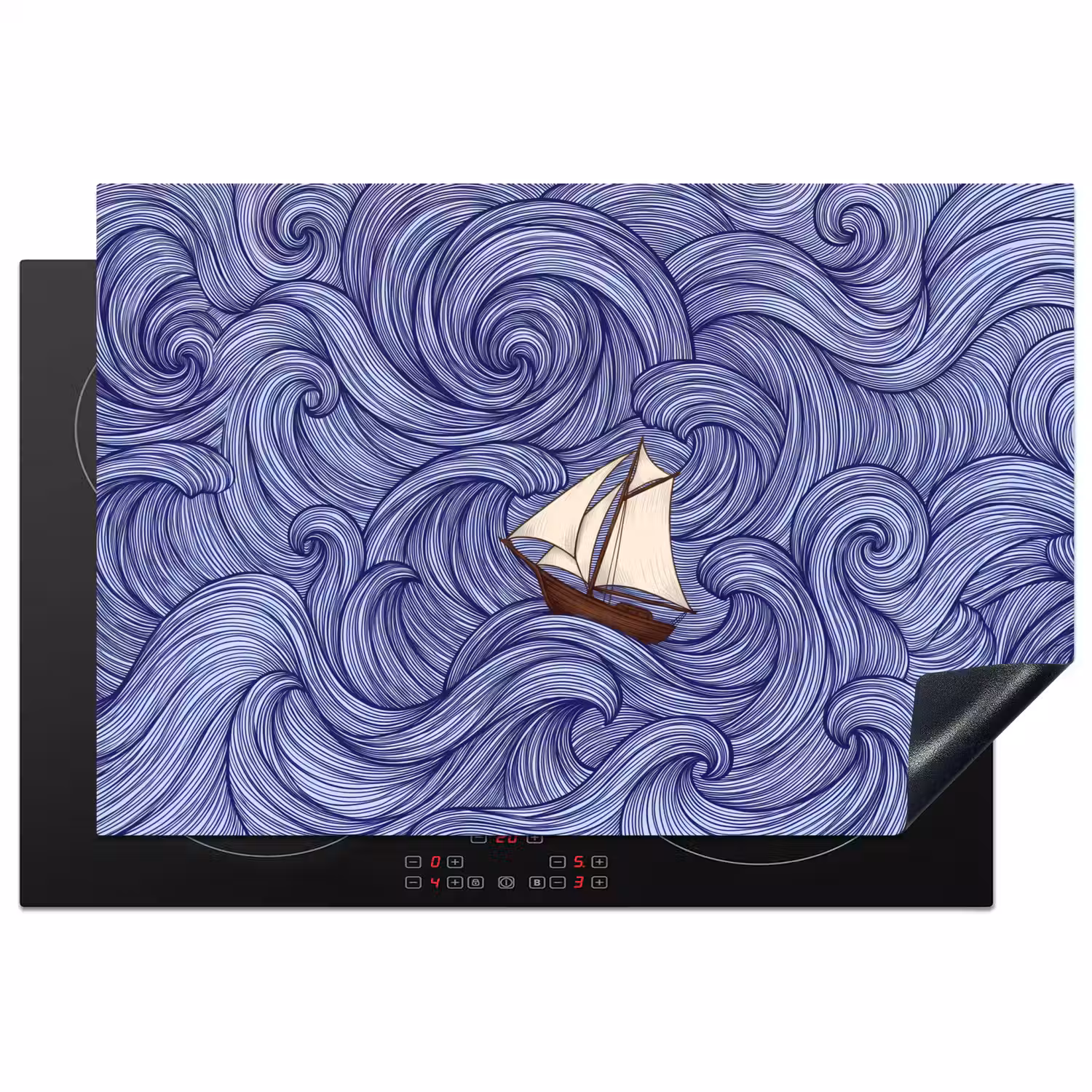 Schip - Golven - Zee - Illustratie - Blauw Inductie beschermer vinyl 3mm klein -3d