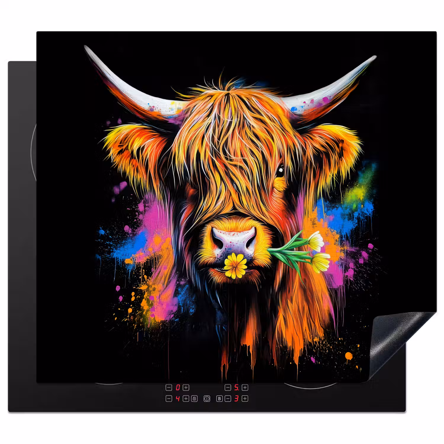 Schotse Hooglander - Graffiti - Kleurrijk - Bloem - Dieren Inductie beschermer vinyl 3mm middel -3d