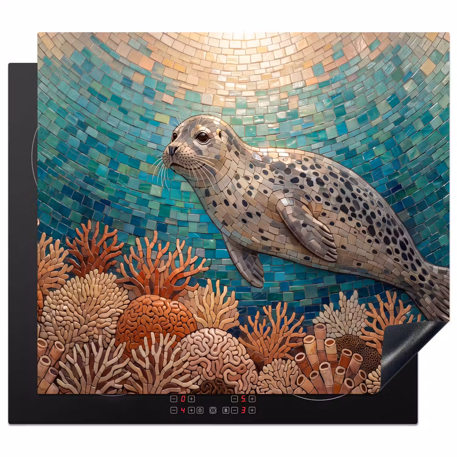 Zeehond - Mozaïek - Onderwater - Dieren - Blauw Inductie beschermer vinyl 3mm middel -3d