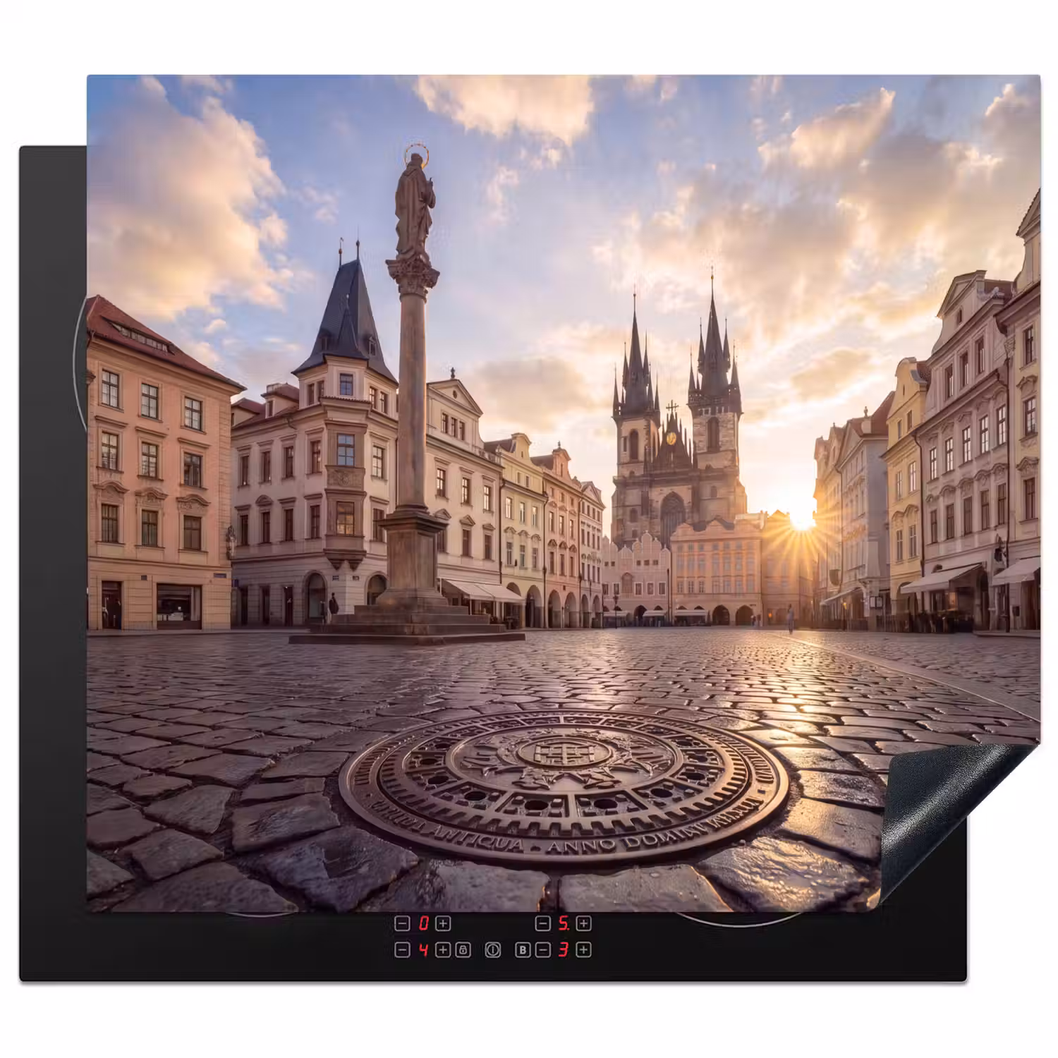 Stad - Praag - Ochtend - Architectuur - Goud Inductie beschermer vinyl 3mm middel -3d