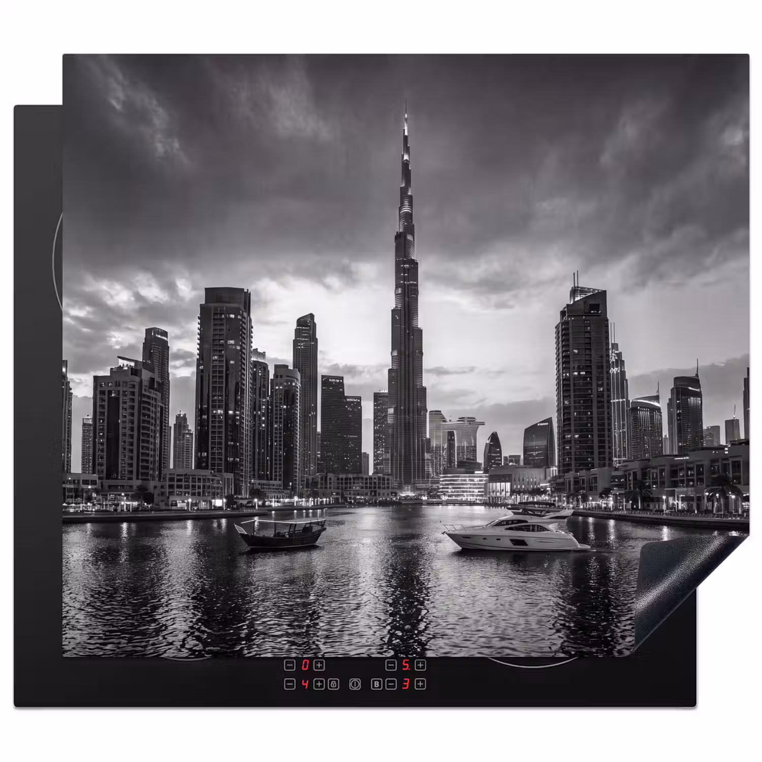 Stad - Skyline - Architectuur - Avond - Zwart-wit Inductie beschermer vinyl 3mm middel -3d