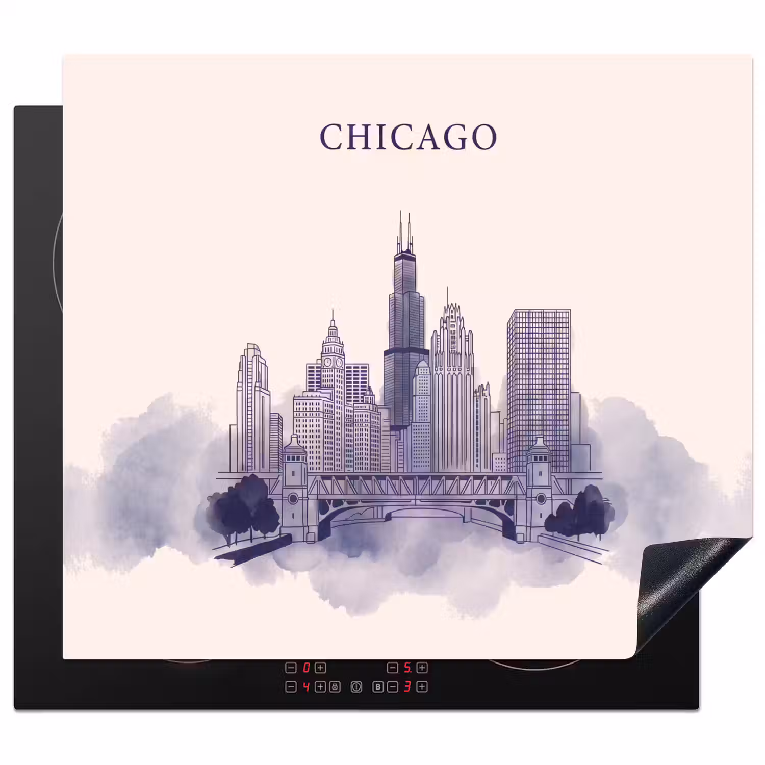 Stad - Skyline - Architectuur - Lijntekening - Blauw Inductie beschermer vinyl 3mm middel -3d