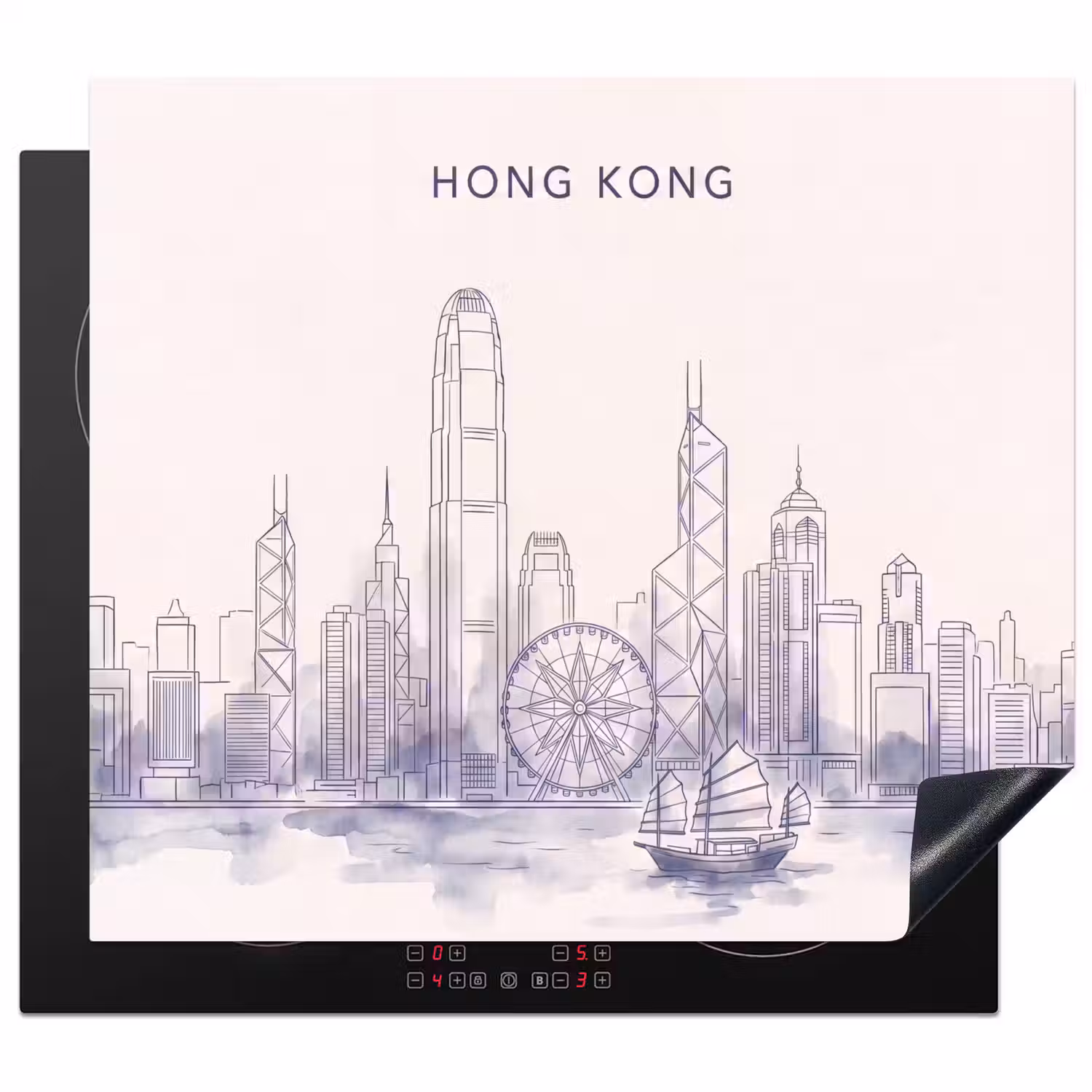 Stad - Skyline - Water - Lijntekening - Blauw Inductie beschermer vinyl 3mm middel -3d