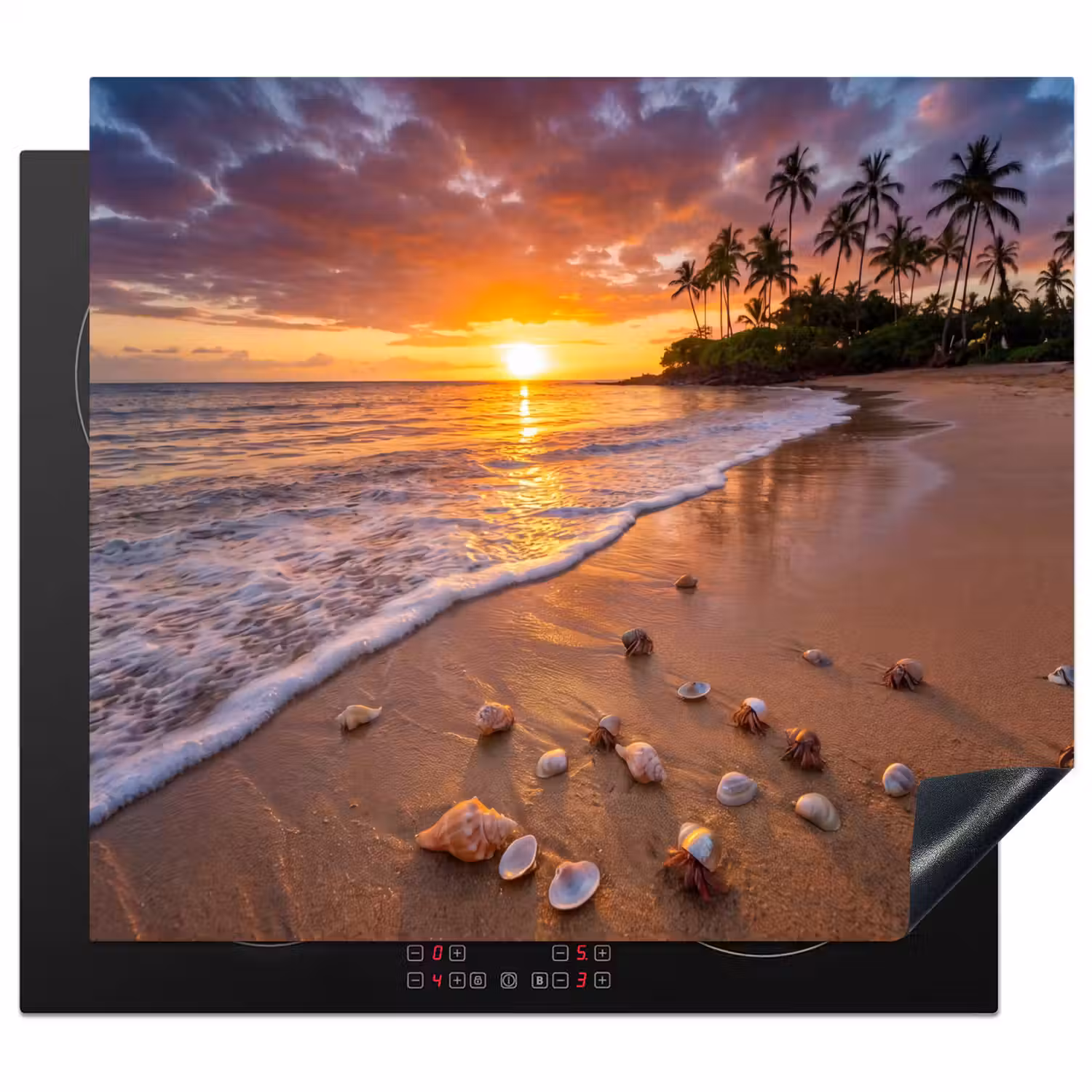 Strand - Zonsondergang - Palmbomen - Natuur - Oranje Inductie beschermer vinyl 3mm middel -3d