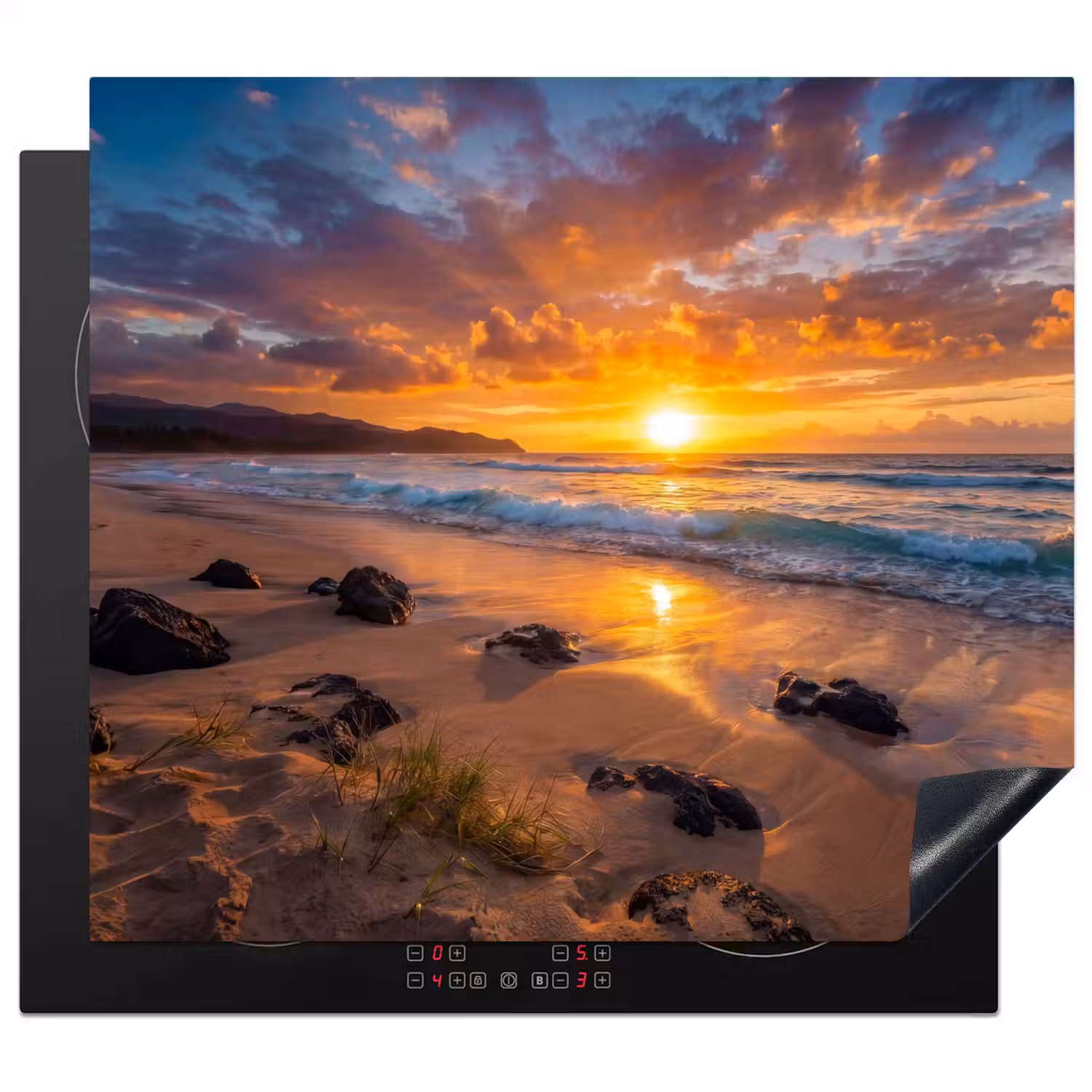 Strand - Zonsondergang - Golven - Natuur - Oranje Inductie beschermer vinyl 3mm middel -3d