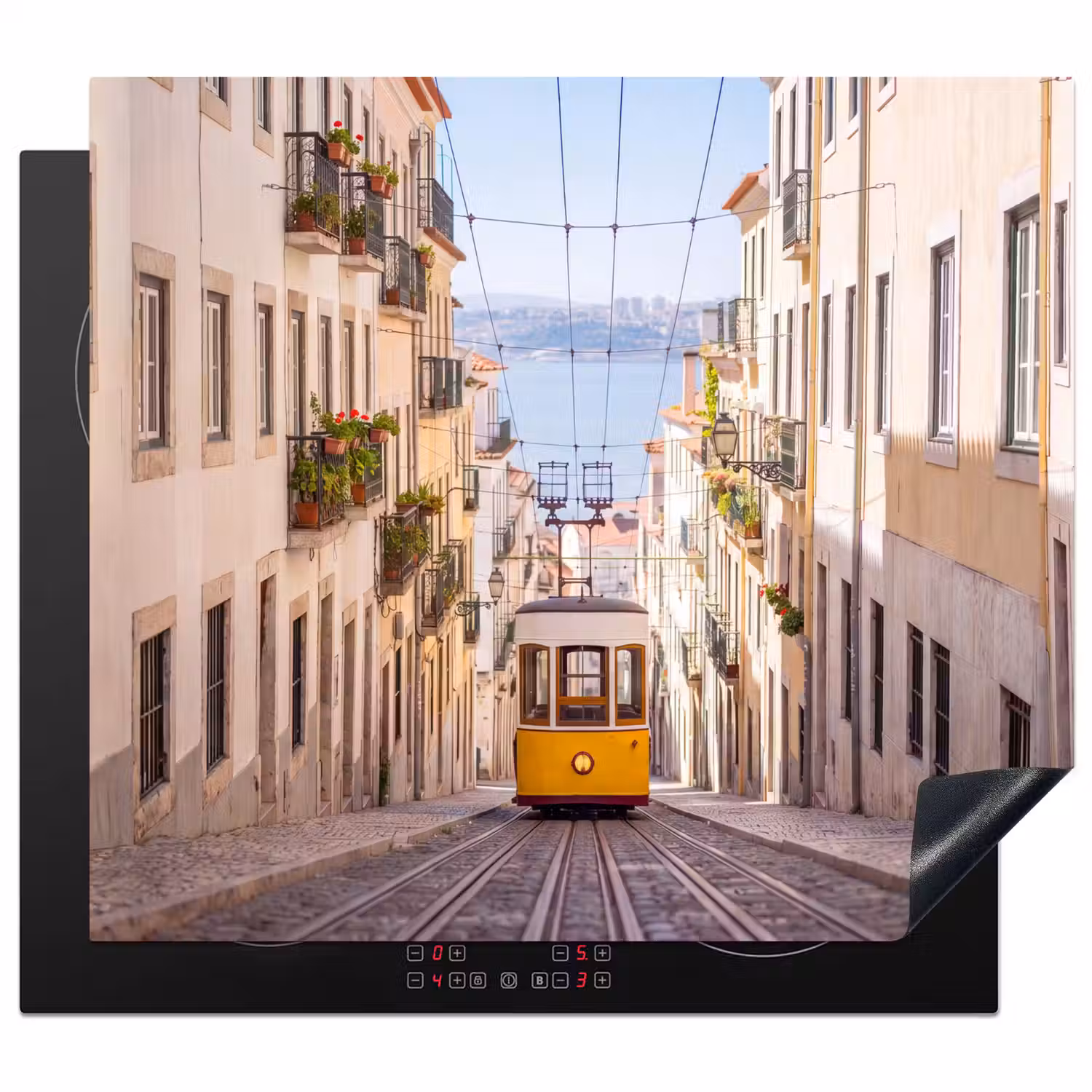 Tram - Straat - Stad - Architectuur - Geel Inductie beschermer vinyl 3mm middel -3d