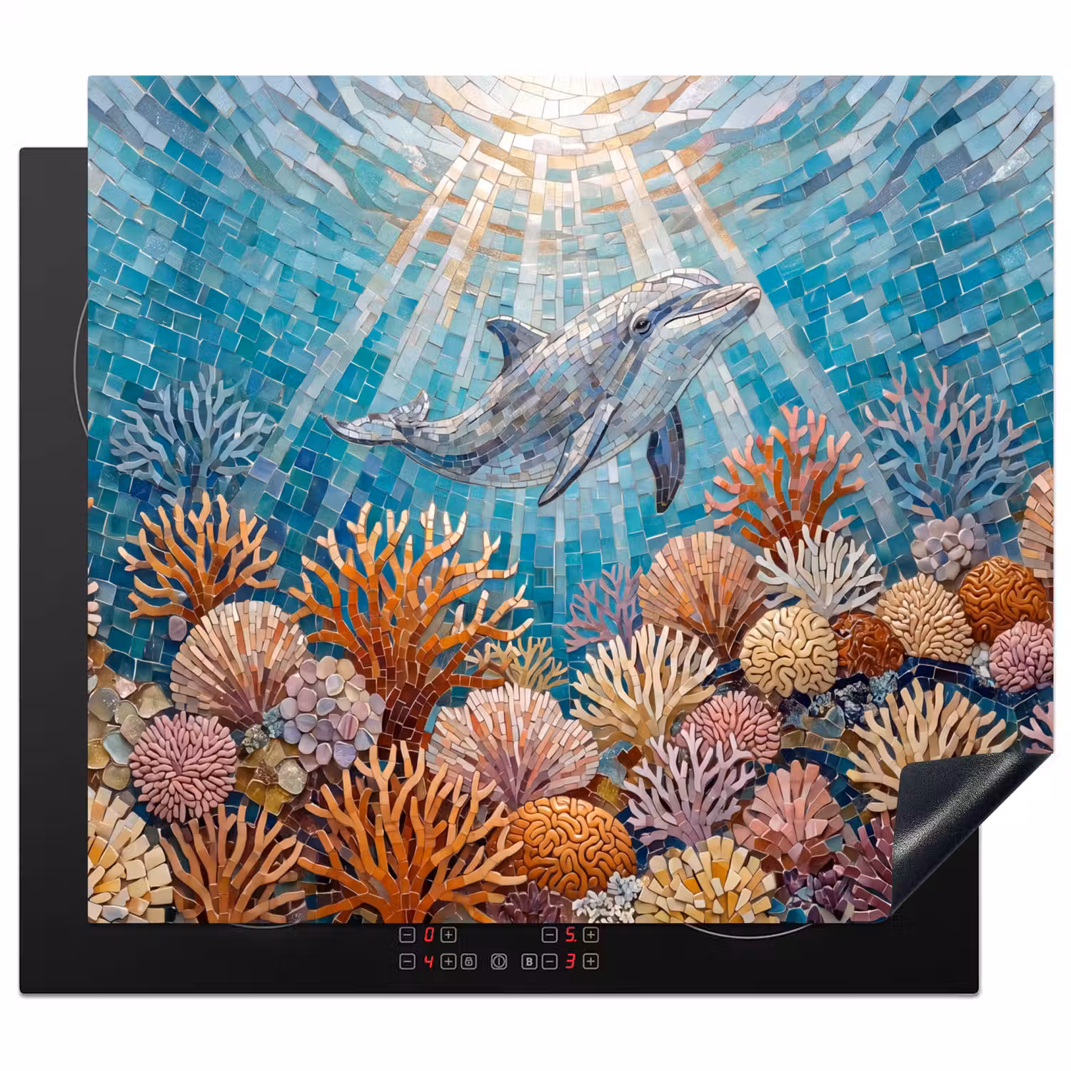 Dieren - Mozaïek - Oceaan - Koraal - Blauw Inductie beschermer vinyl 3mm middel -3d