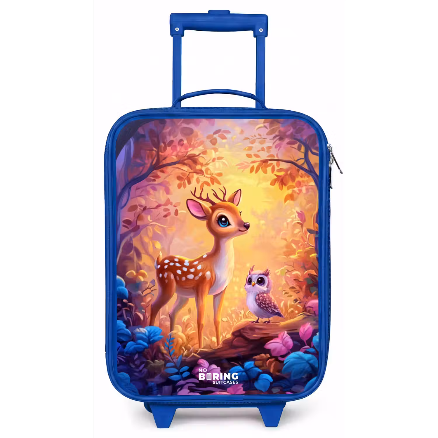 Hertje en uil in een roze sprookjesbos Kinderkoffer - Blauw klein -zz3dotto