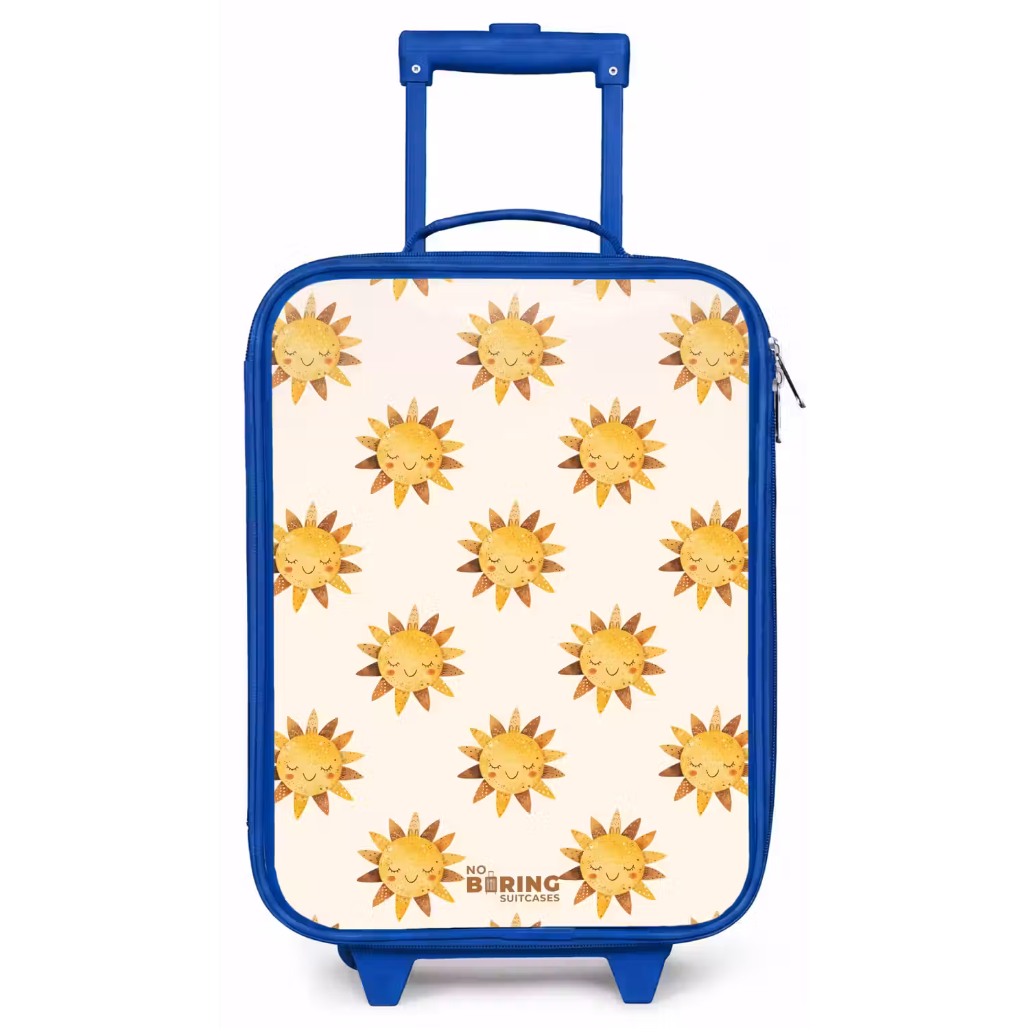 Lachende zonnetjes als patroon op beige achtergrond Kinderkoffer - Blauw klein -zz3dotto