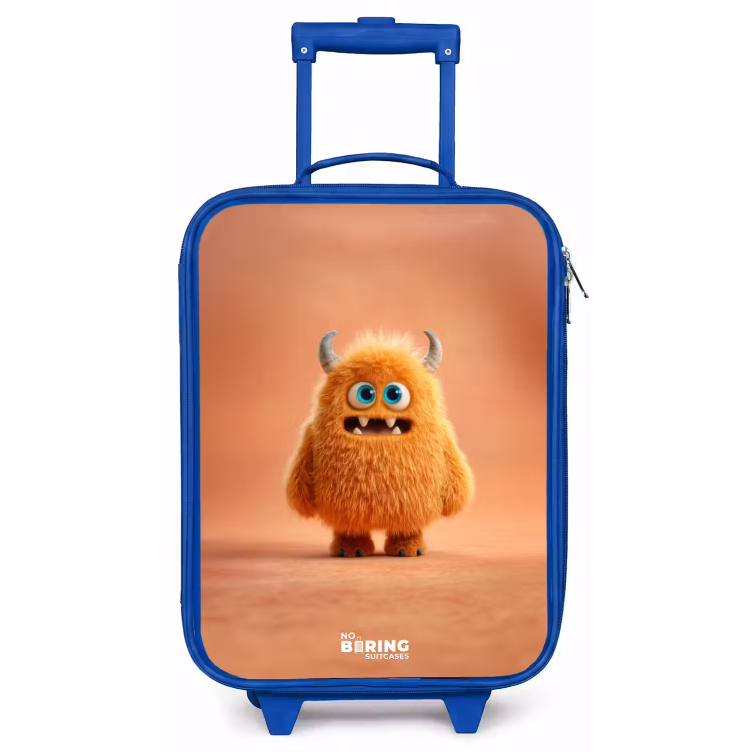 Oranje Pluizig Monster met Hoorns Kinderkoffer - Blauw klein -zz3dotto