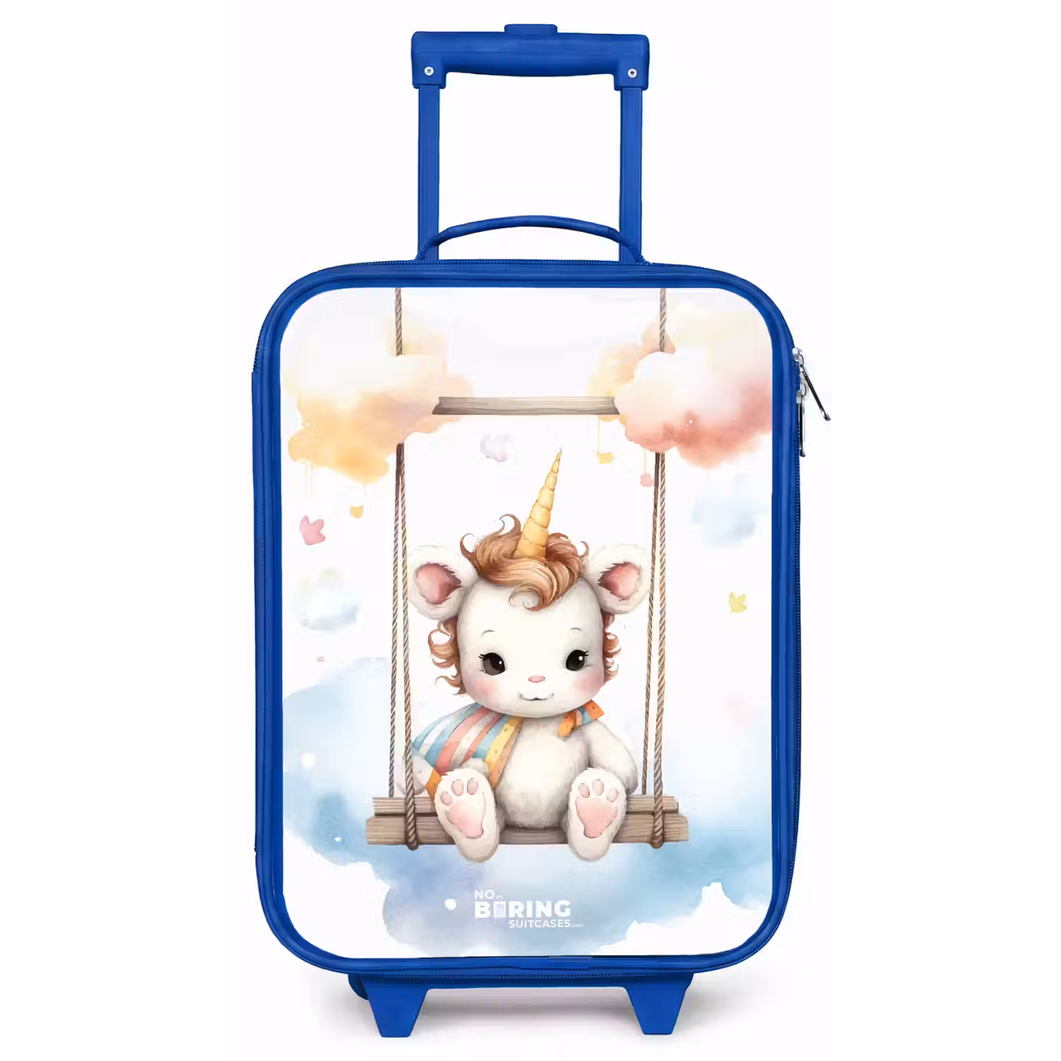 Witte baby eenhoorn op een schommel in de wolken Kinderkoffer - Blauw klein -zz3dotto