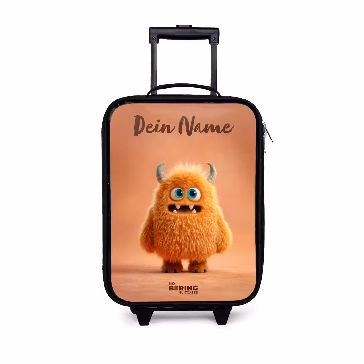 Oranje Pluizig Monster met Hoorns Kinderkoffer - Zwart klein -3d
