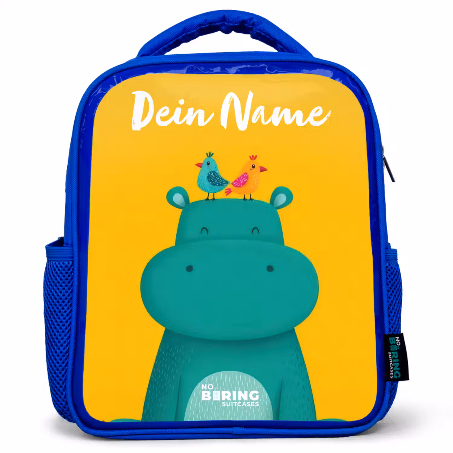 Nijlpaard - Vogels - Geel Kinderrugzak - Blauw middel -3d